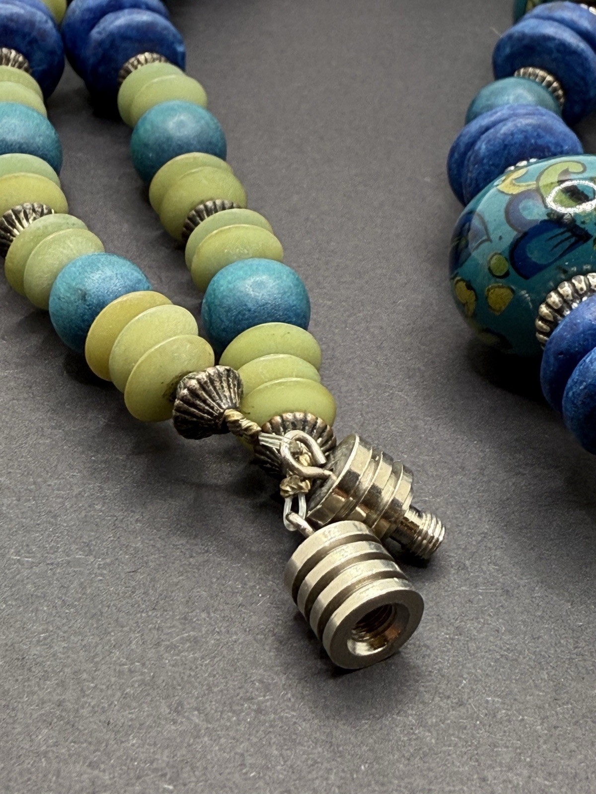 Vintage Beaded Necklace Teal Blue Ceramic Wood Barrel Closure 28” Handcrafted