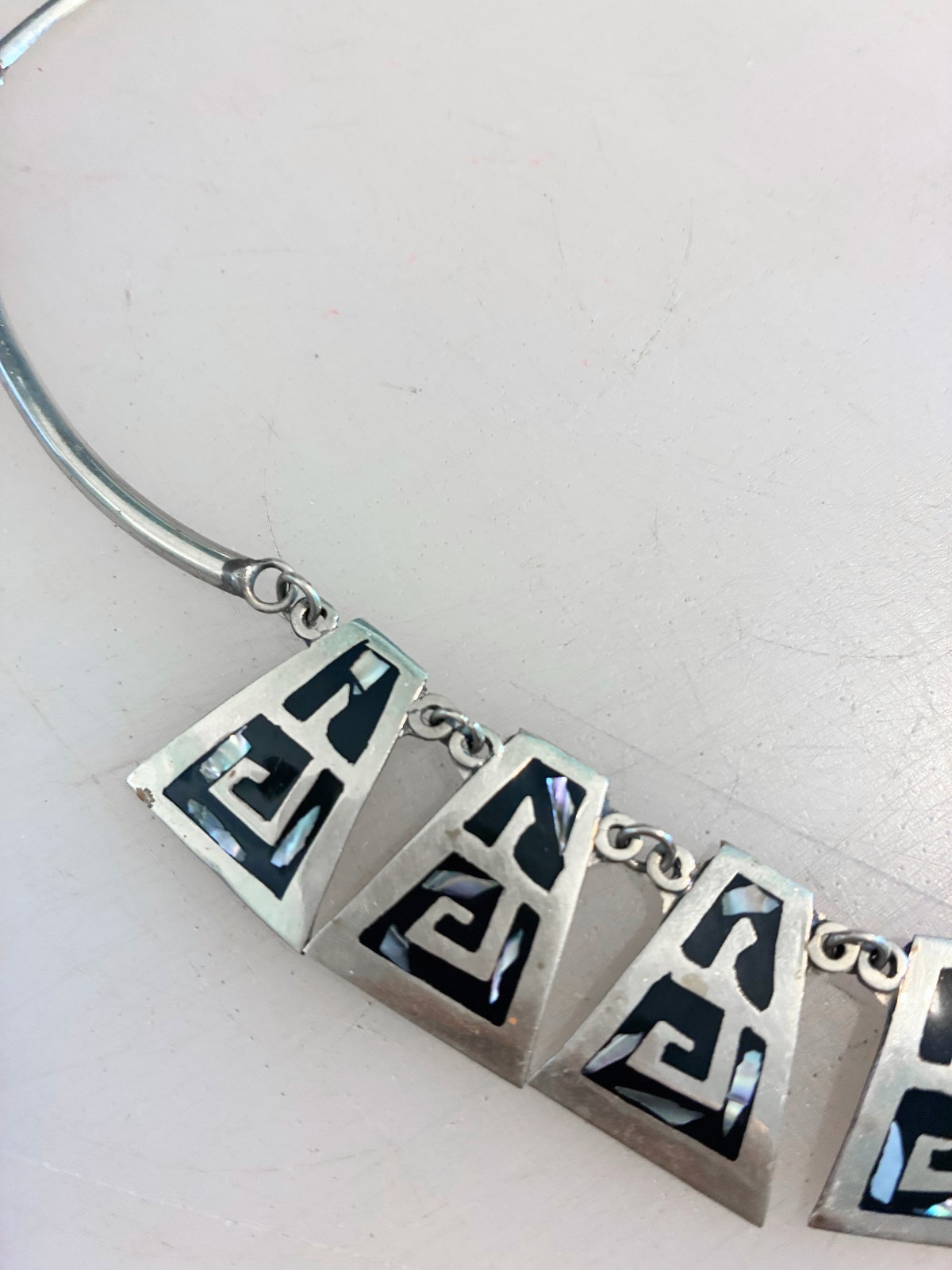 Vintage Alpaca Silver Necklace Choker Inlay Abalone Mexico Stamped 17″ Clasp