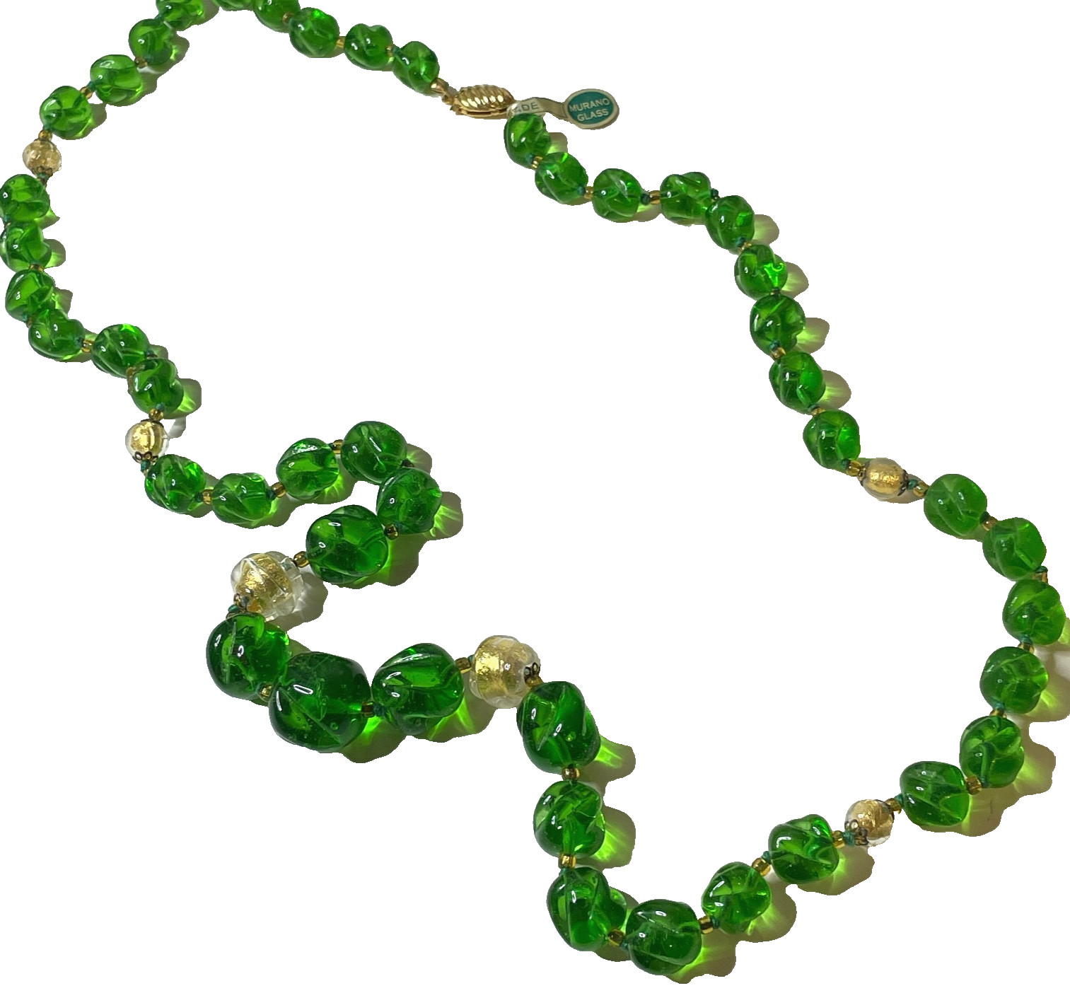 Vtg MURANO Chunky Glass Bead Necklace w Tag Handmade Italy Green Gold Foil NWT