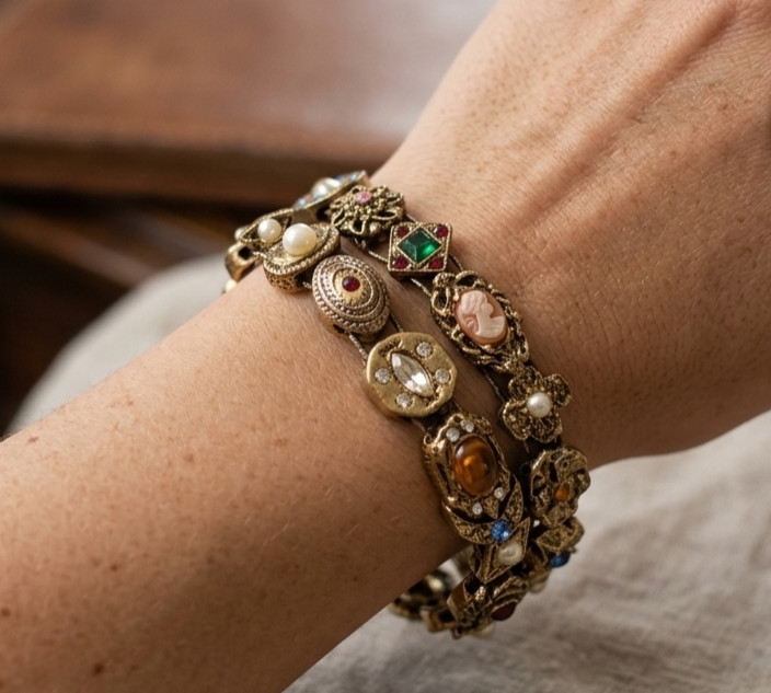 GOLDETTE NY Double Strand Slide Charm Bracelet Victorian Revival Rhinestone VTG