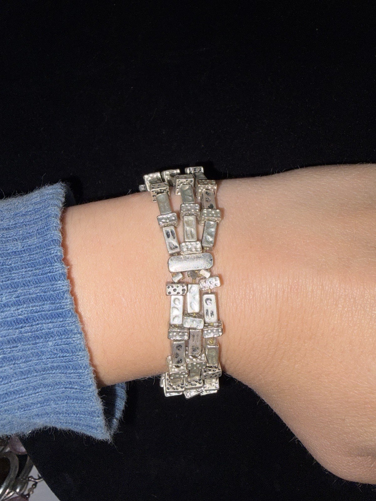 Vintage Silver Tone Triple Row Stretch Bracelet Hammered Brutalist Modernist
