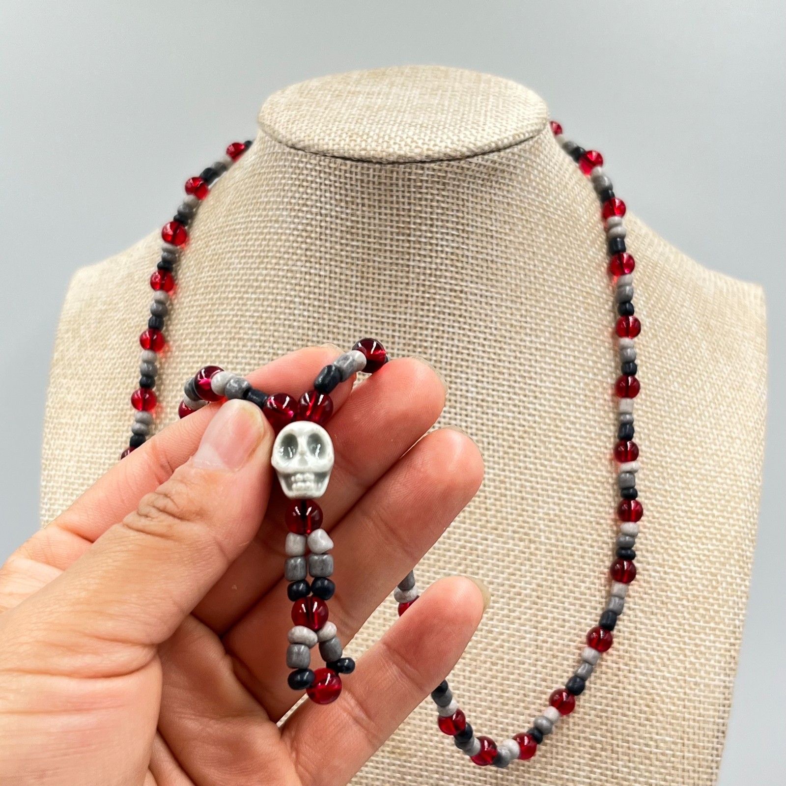 Vintage Goth Red & Black Beaded Skull Necklace Retro Grunge Alt Boho Jewelry
