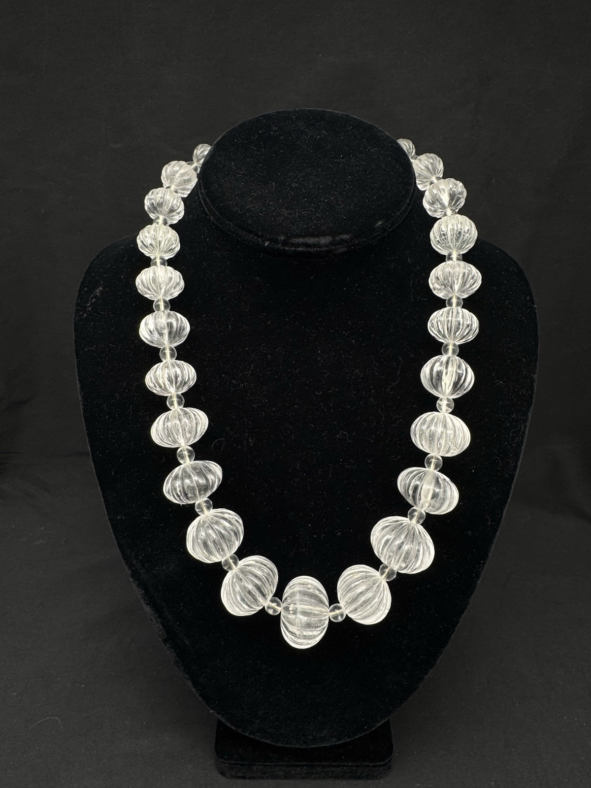 Vintage Hand Carved Rock Crystal MELON BEAD Necklace, 169 grams, 20″