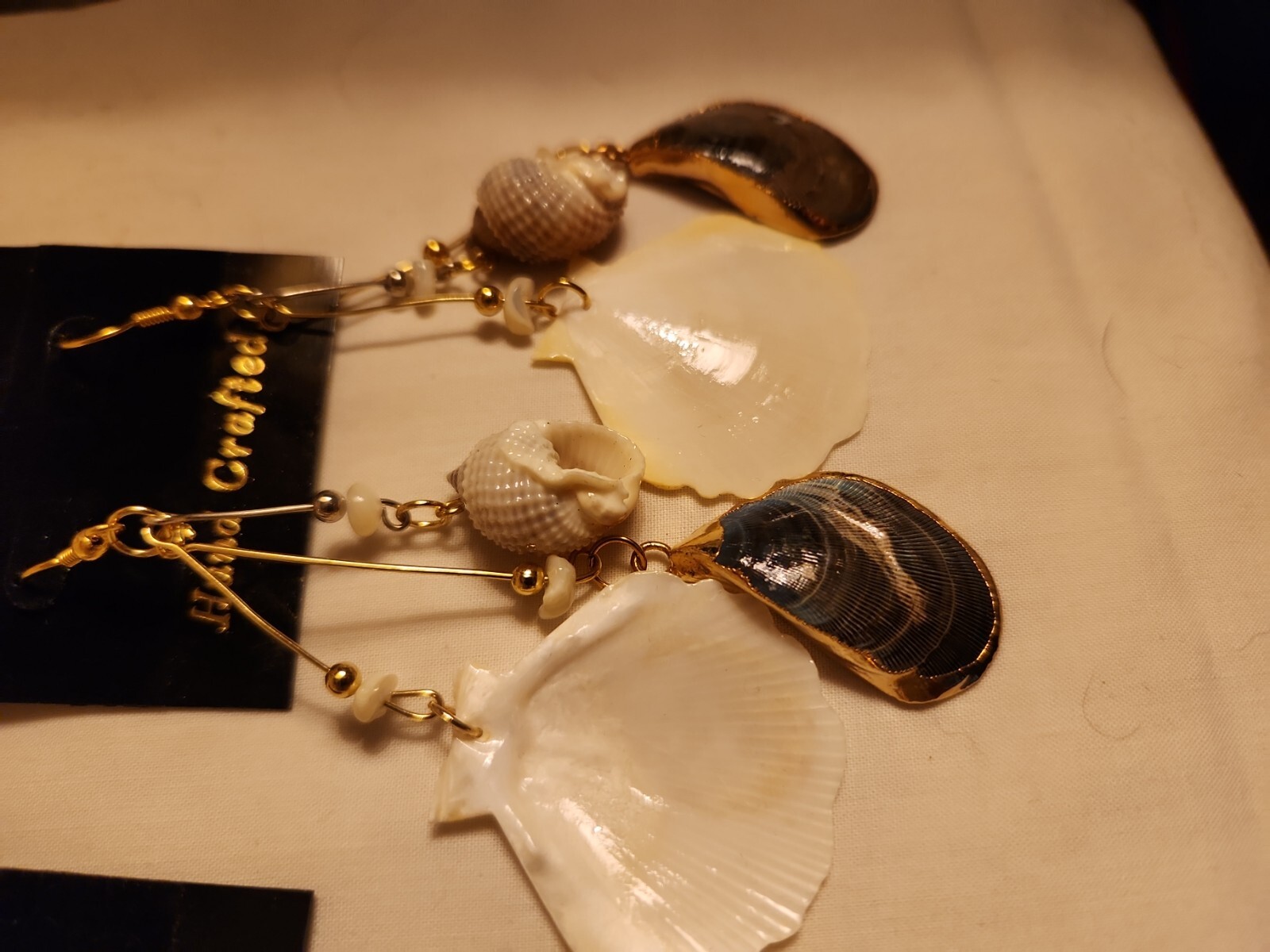 Vtg Sea shell gold trim foil natural estate Dangle Earrings 4″ Jewelry Lot of 2