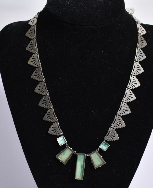 Vintage circa 1920 egyptian revival necklace carved green glass Germany