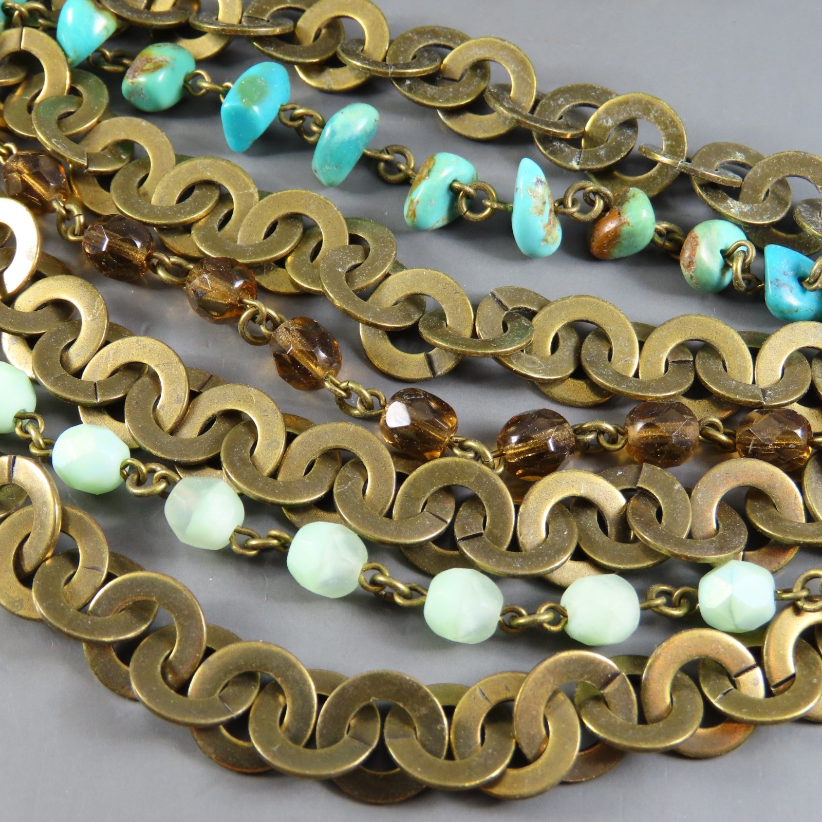 VTG Satellite Beaded Necklace BRONZE TONE Turquoise AGATE PENDANT Blue Brown