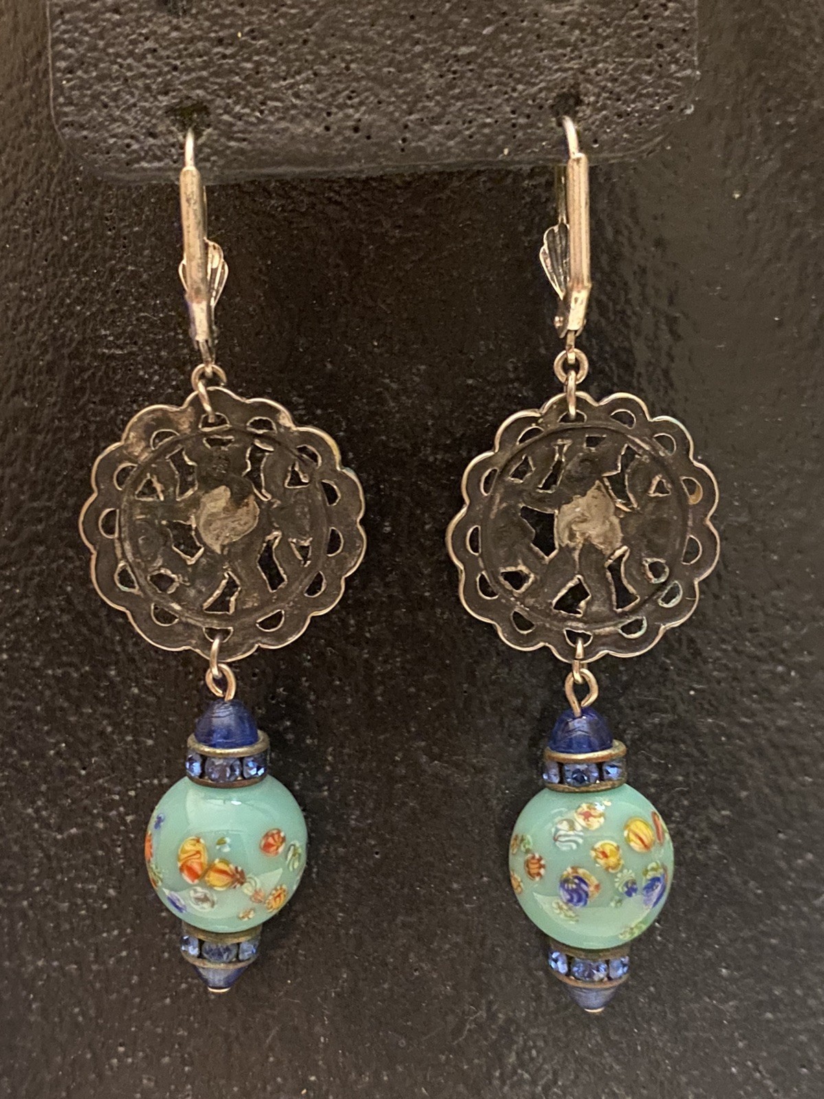 Vintage Asian Themed Colorful Ronde Bosse Enamel Art Glass Rhinestone Earrings