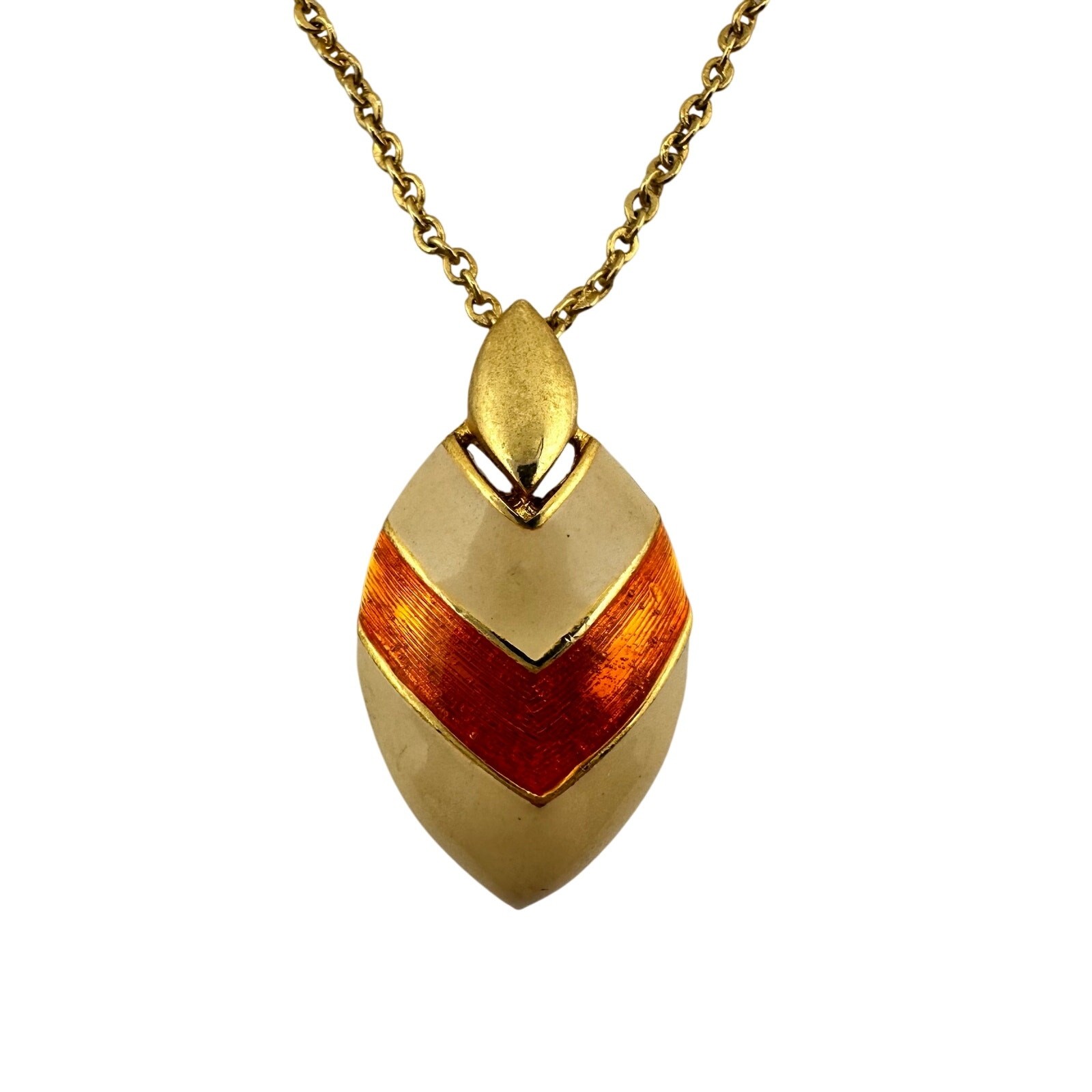Vintage Art Deco Revival Cream Enamel Orange Resin Gold Tone 15.5” Necklace