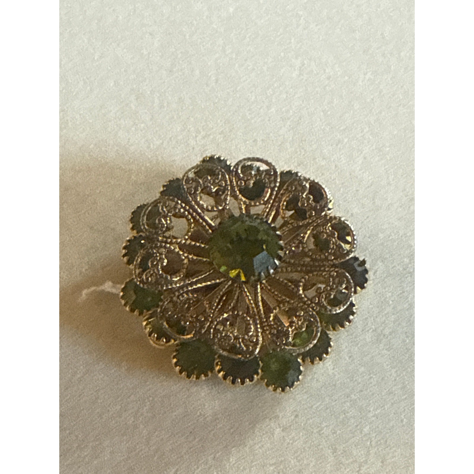 Vintage Gold-Tone Filigree Dark Green Crystals Brooch