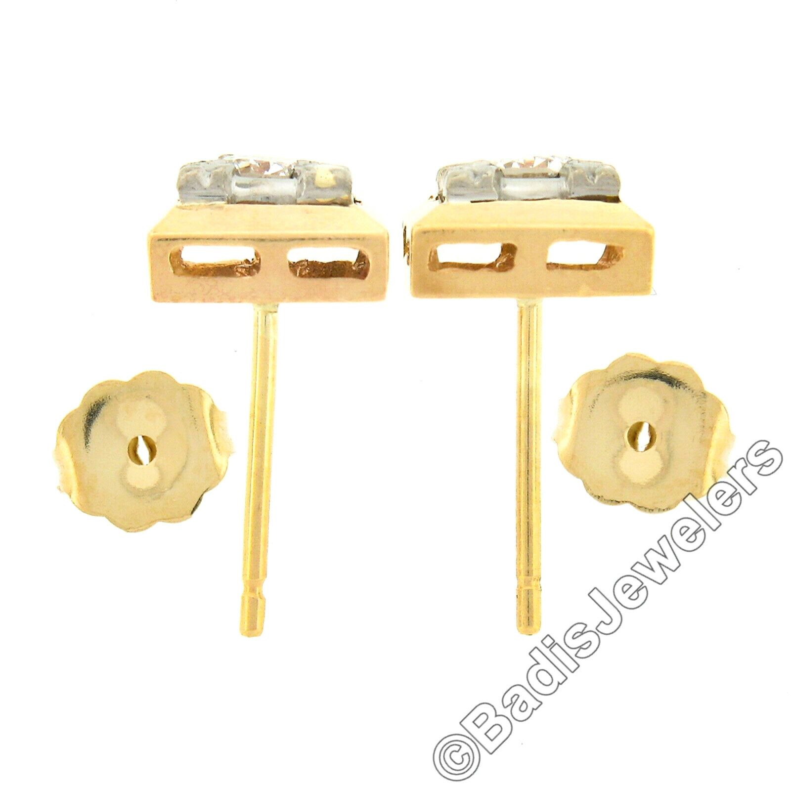 Vintage TT Gold .35ct Round Brilliant Diamond Polished Square Stud Earrings