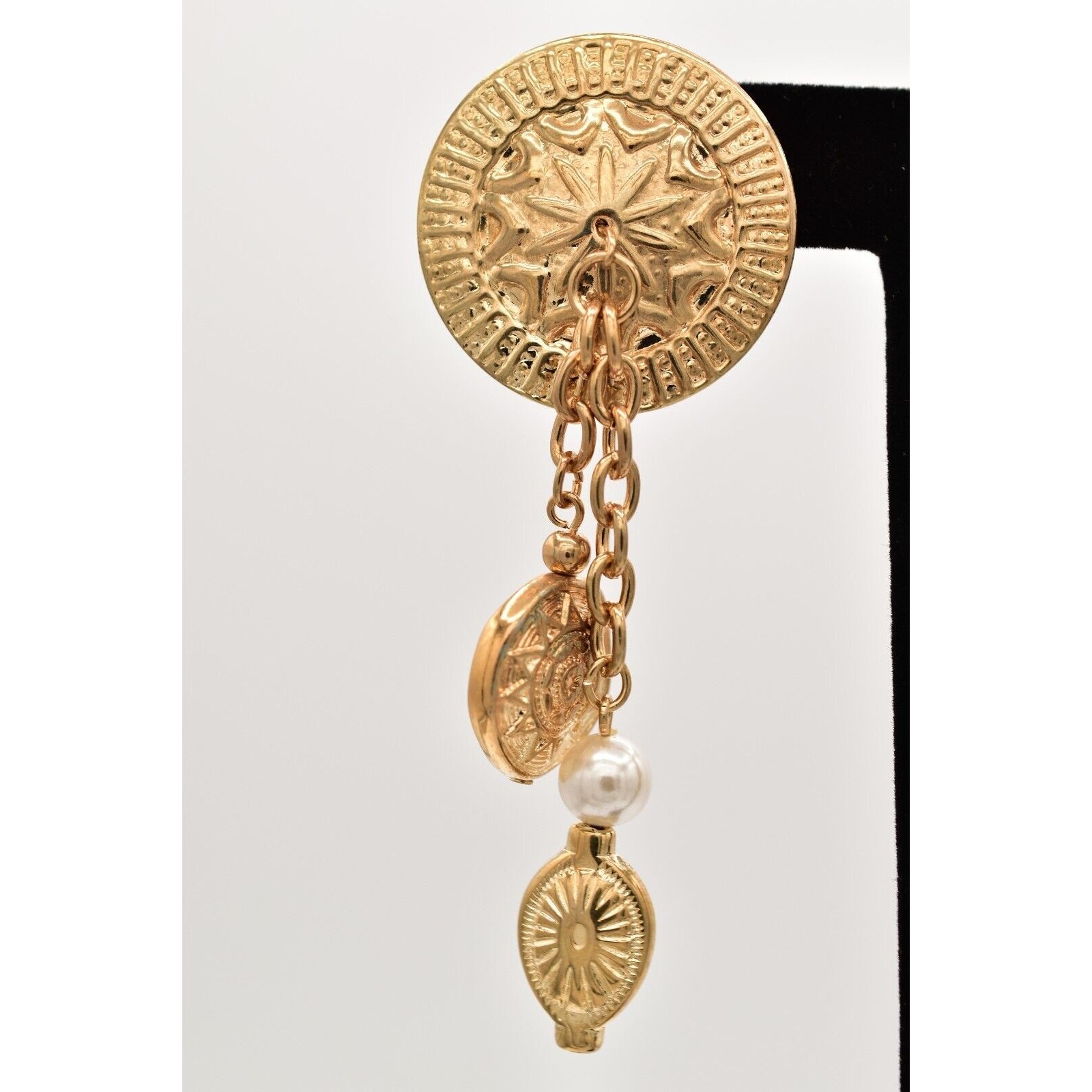 Vintage Coin Dangle Chain Earrings 3″ Pearl Etruscan Gold Chunky NOS 80s BinA18