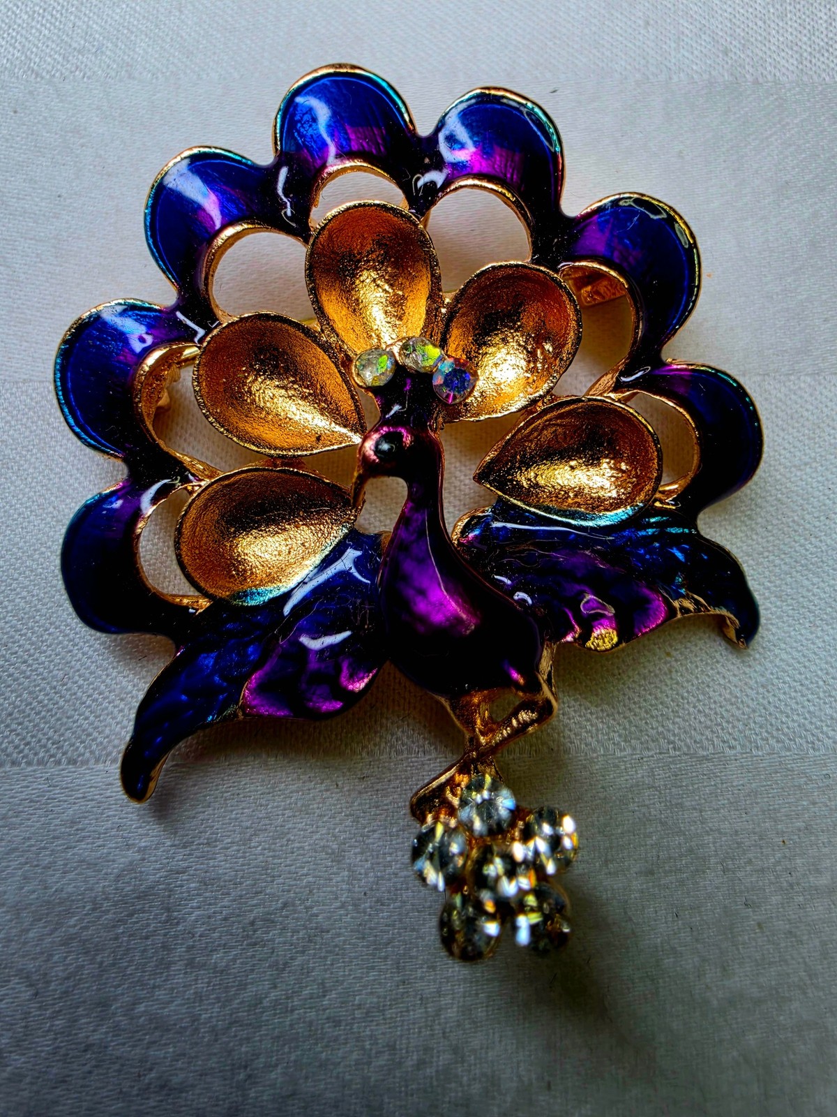 Vintage Gold Tone Peacock Brooch Purple Blue Enamel Rhinestone Estate Jewelry