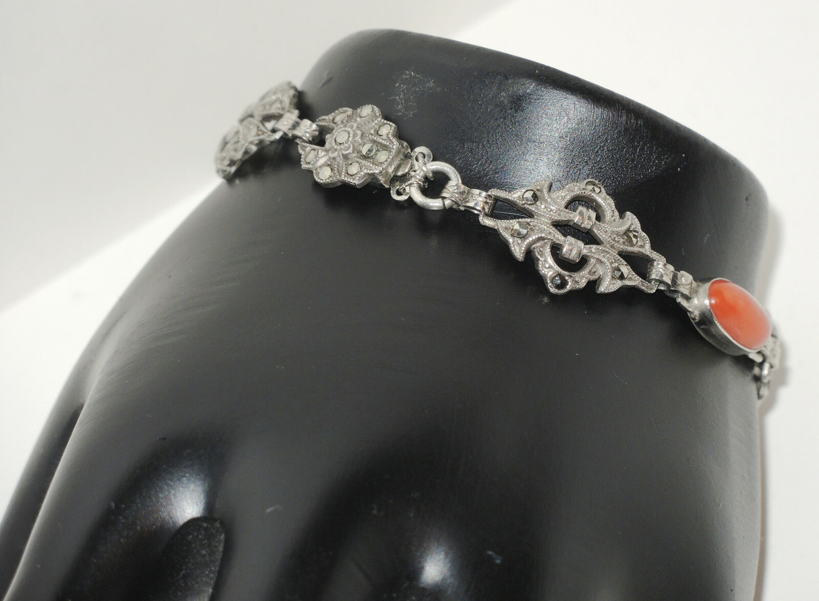 1920’s Art Deco Sterling Openwork Links Bracelet with Coral & Marcasites