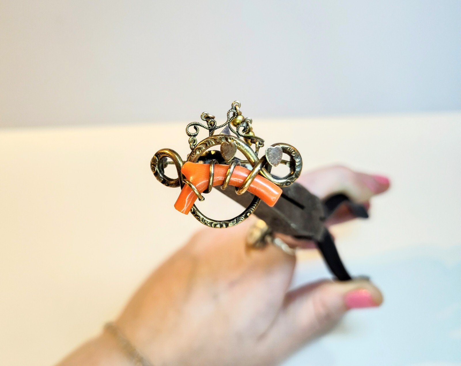 Antique 1800’s Victorian Gold Filled Red Coral Double Heart Love Knot Brooch/Pin