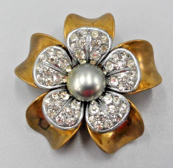 30s 40s Flower Brooch Gray Faux Pearl Crystal Layered Reflexed Petals Retro Vtg