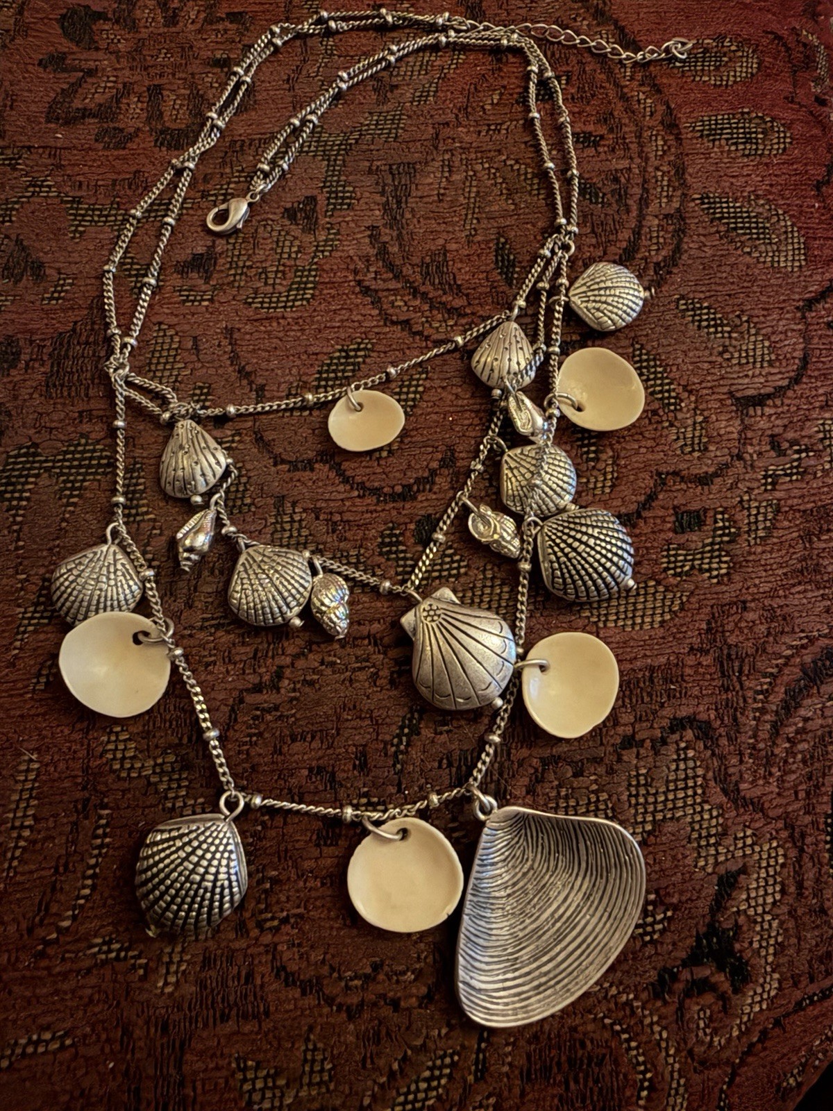 Vintage Silver Tone Multi Chain Metal And Natural Shell 3 Tier Necklace. 18in
