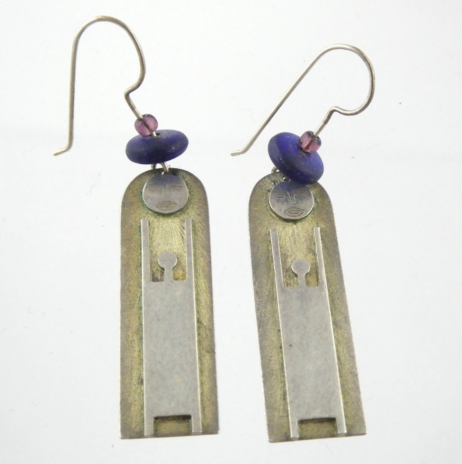 Vtg Artisan Handmade Sterling Silver Person Worshipping Sun Earrings 9g 2.25 In