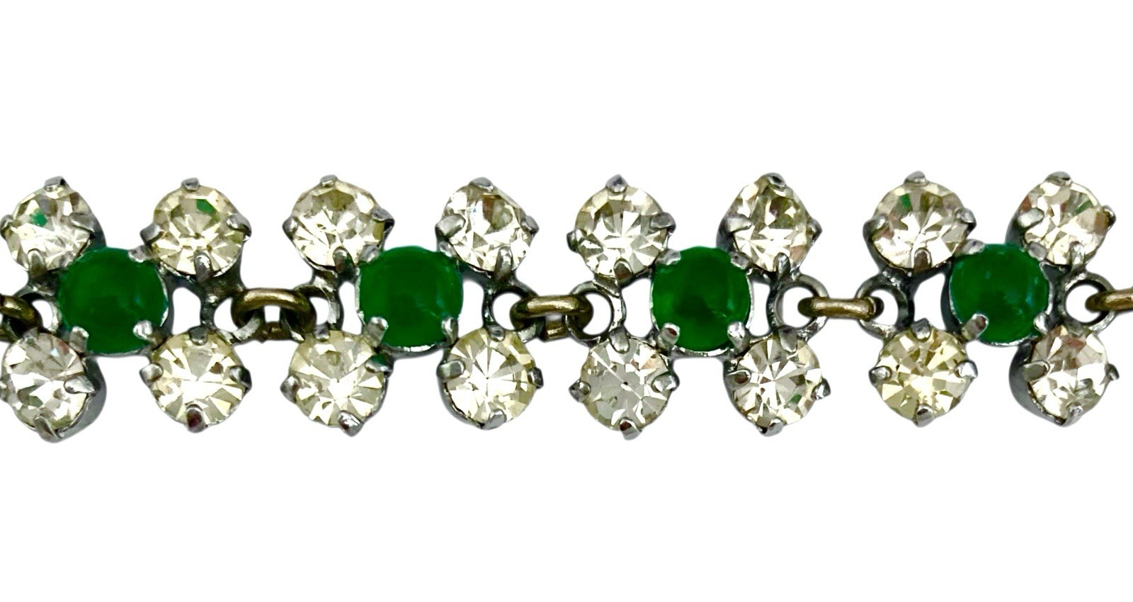 VINTAGE 1950’s Silver Tone Faux EMERALD & CLEAR AUSTRIAN CRYSTAL Link Bracelet