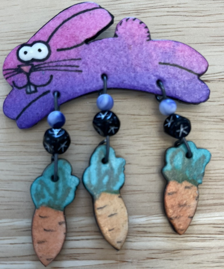 Signed Vtg Hand Crafted Paper Jewelry Artisan Made Mod Boho Bunny Carrots Pin