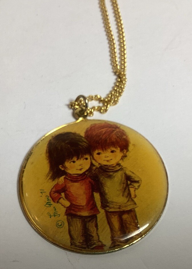 RETRO 1971 SIGNED FRAN MOR “MOPPETS” NECKLACE 19” LENGTH BOY/GIRL MEDALLION