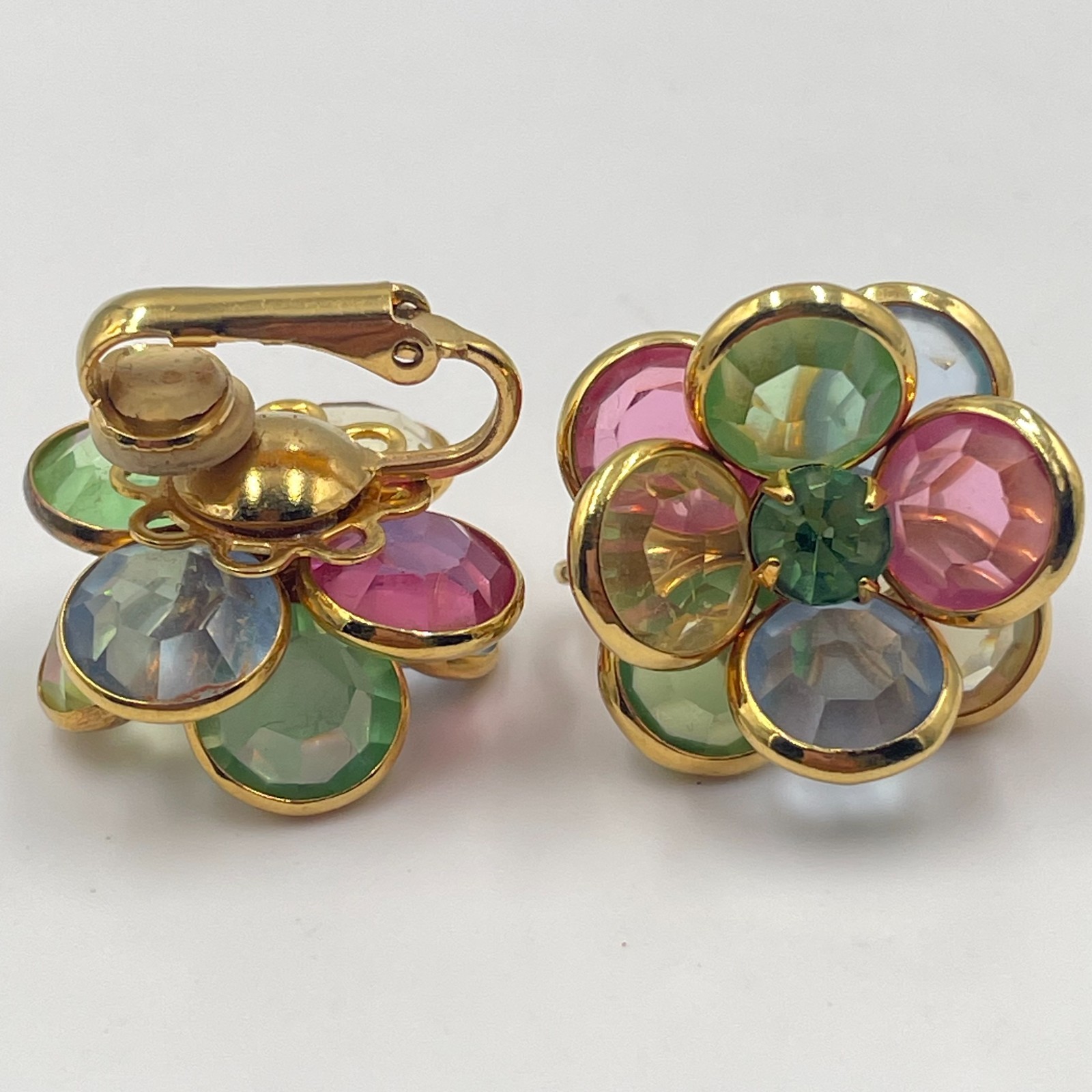 Vintage Multi Color Rhinestone Pastel Flower Clip On Earrings Gold Tone Retro