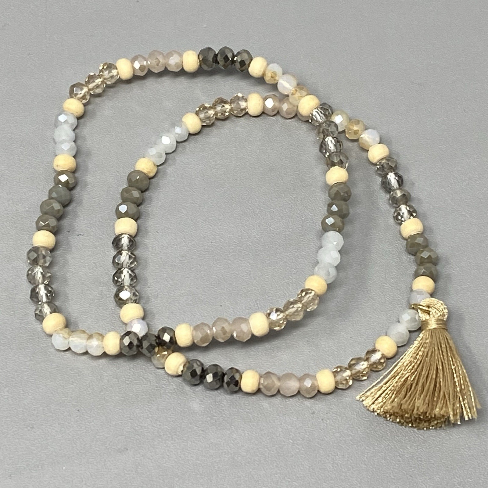 Glass Beaded Bracelet Set of 2 Cream Gray Fire Polished Faceted Tassel Stretch