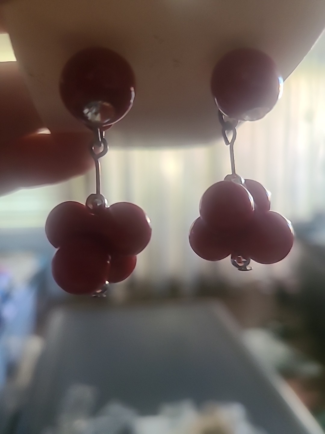 Red 60’s Mod Abstract Cherries Drop Earrings Crystals 2″ 80’s