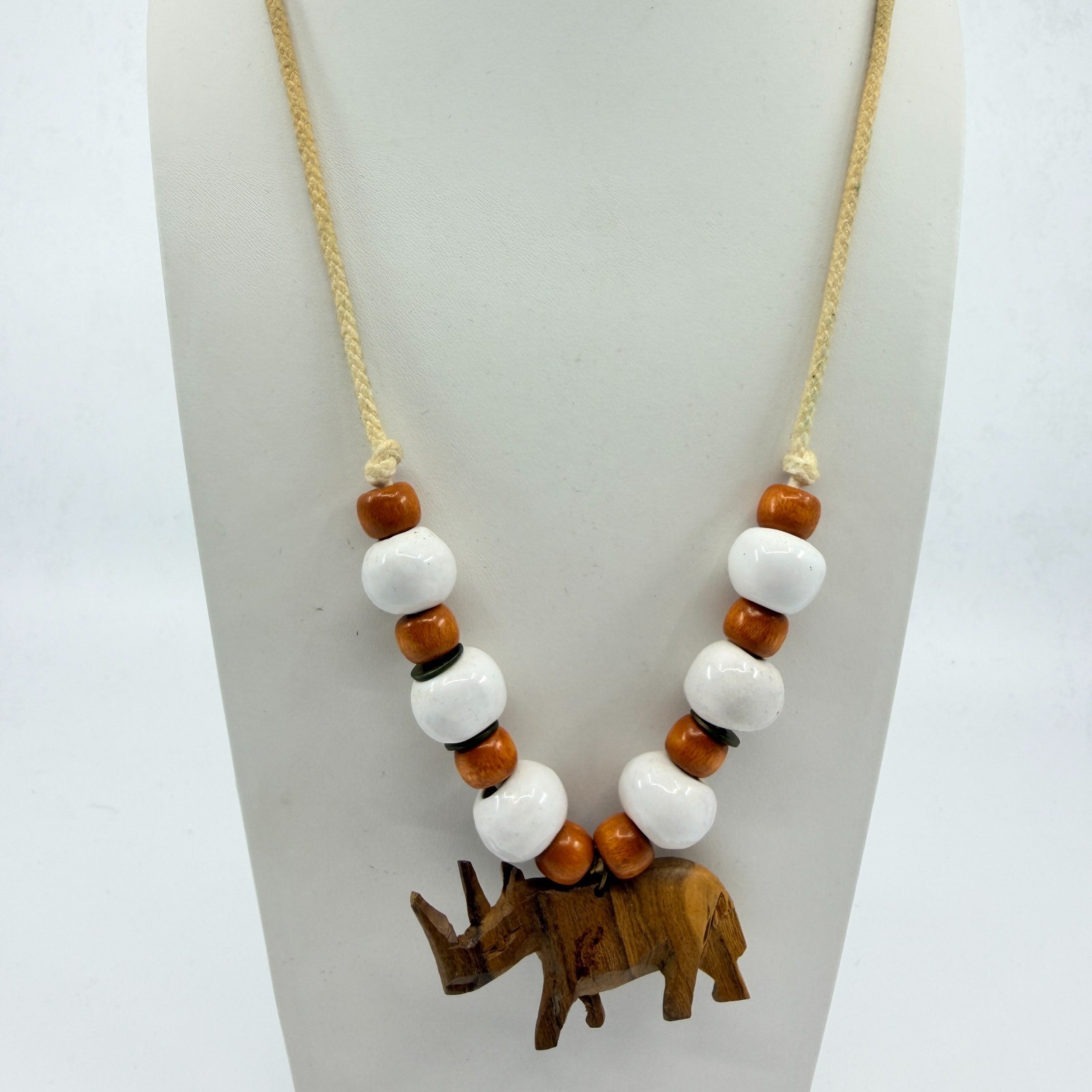 Vintage Carved Wood Rhinoceros Pendant Necklace Boho Ceramic Bead Cord 80s