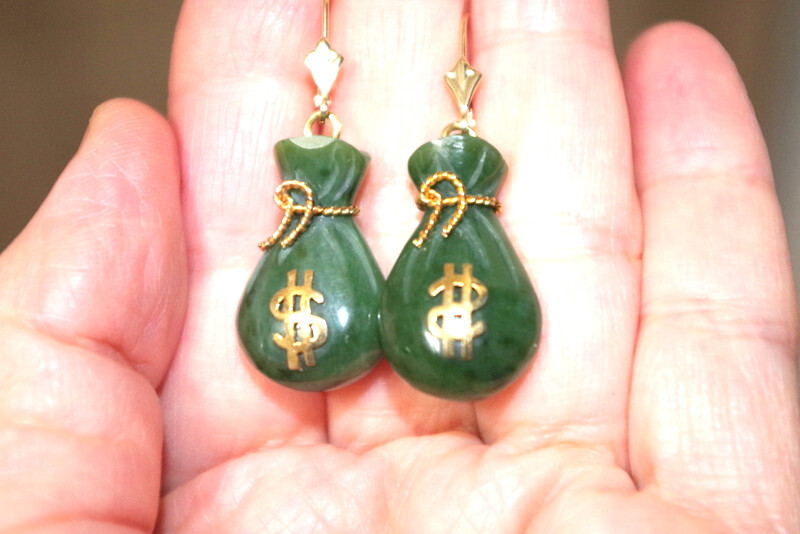 14K Exquisite Carved Jade bag of money Lucky Stone Lever back Earrings