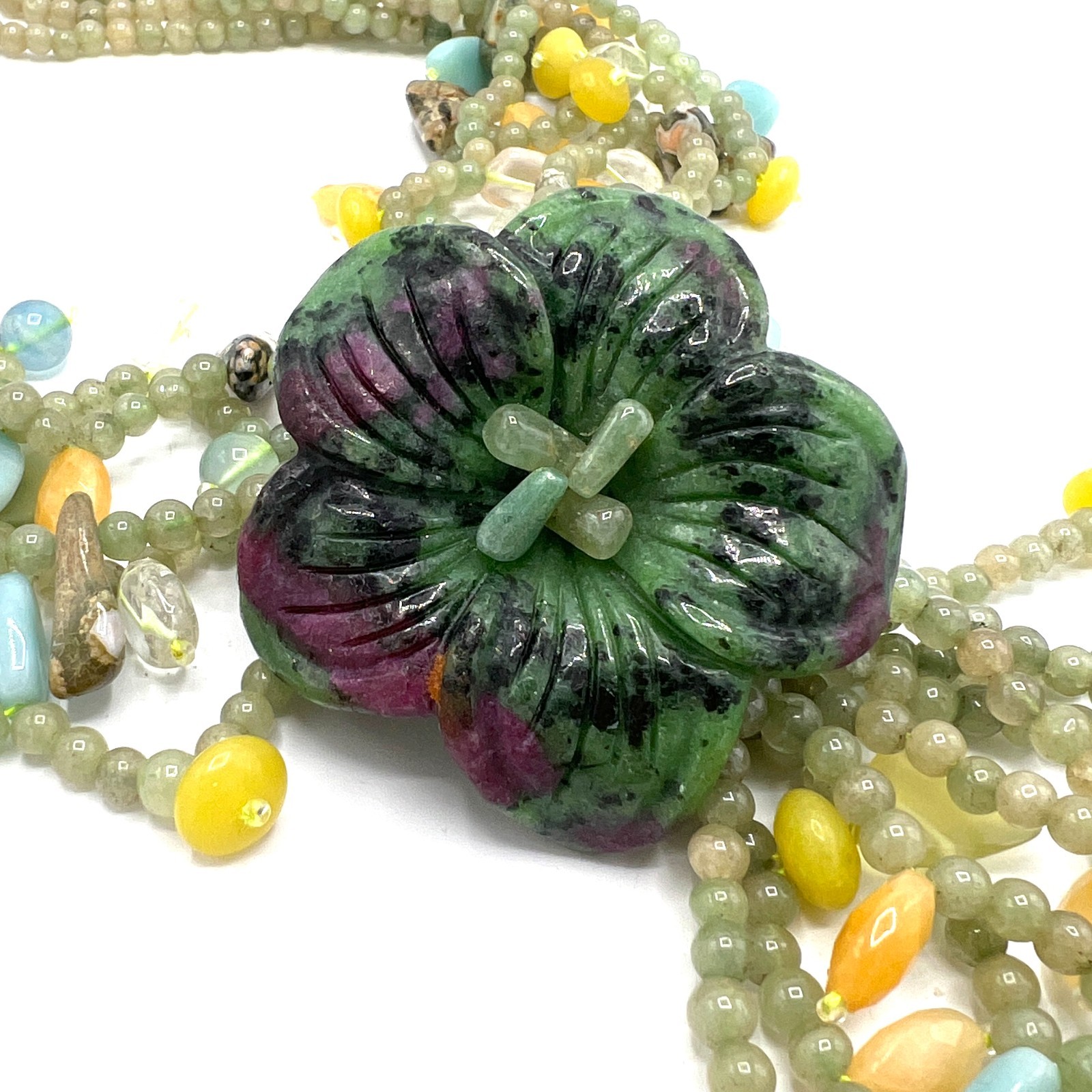 Green and Purple Beaded Flower Lariat Necklace – Mineral & Glass Bib Statement