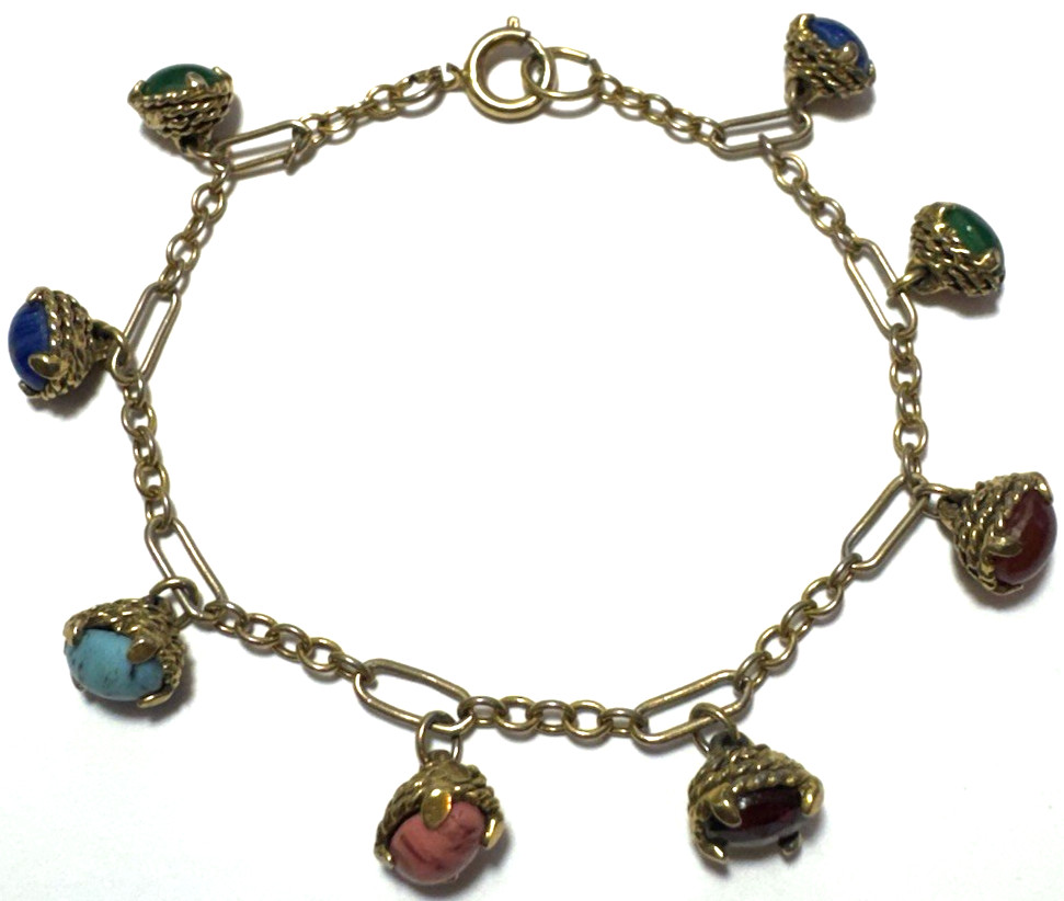 Vintage Jewelry Bracelet Gold Dainty Chain Dangle Ornate Dangle Revival Glass 2