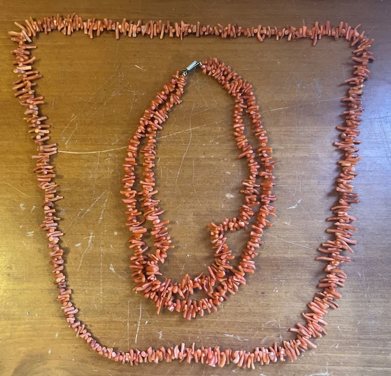 2 Vintage Mid-Century Orange Mediterranean Coral Necklaces 97 grams 8″ and 16″