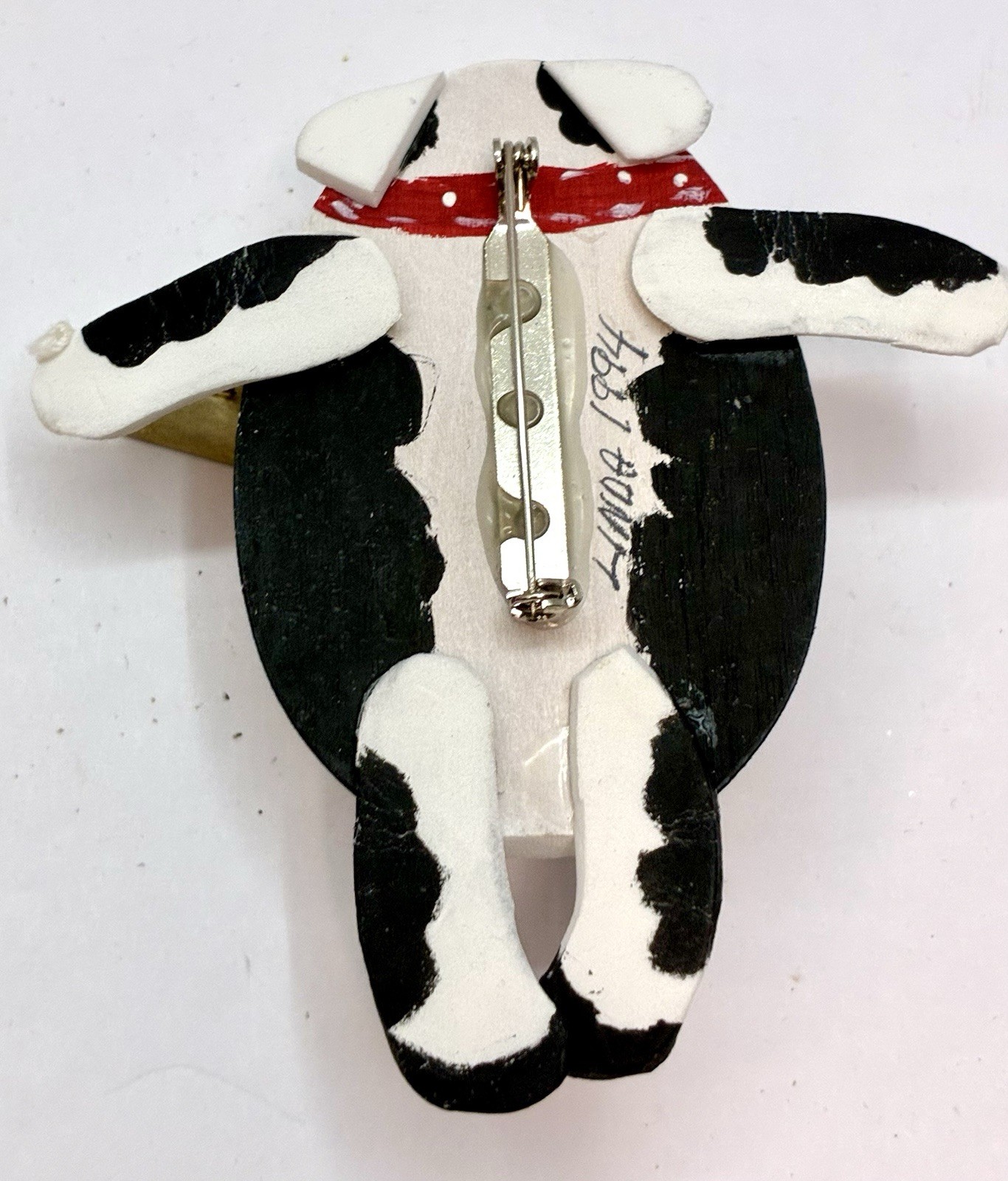 Cow Brooch Wooden Pin With Bell Handmade Hand Painted Wood Vtg 90’s