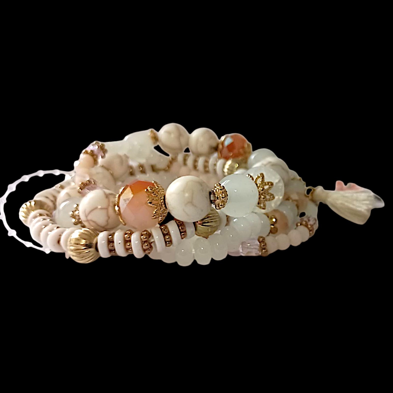 Y2K Multi Strand Beaded Bracelet Glass Stacked Floral Neutrals Fairy Indie Boho