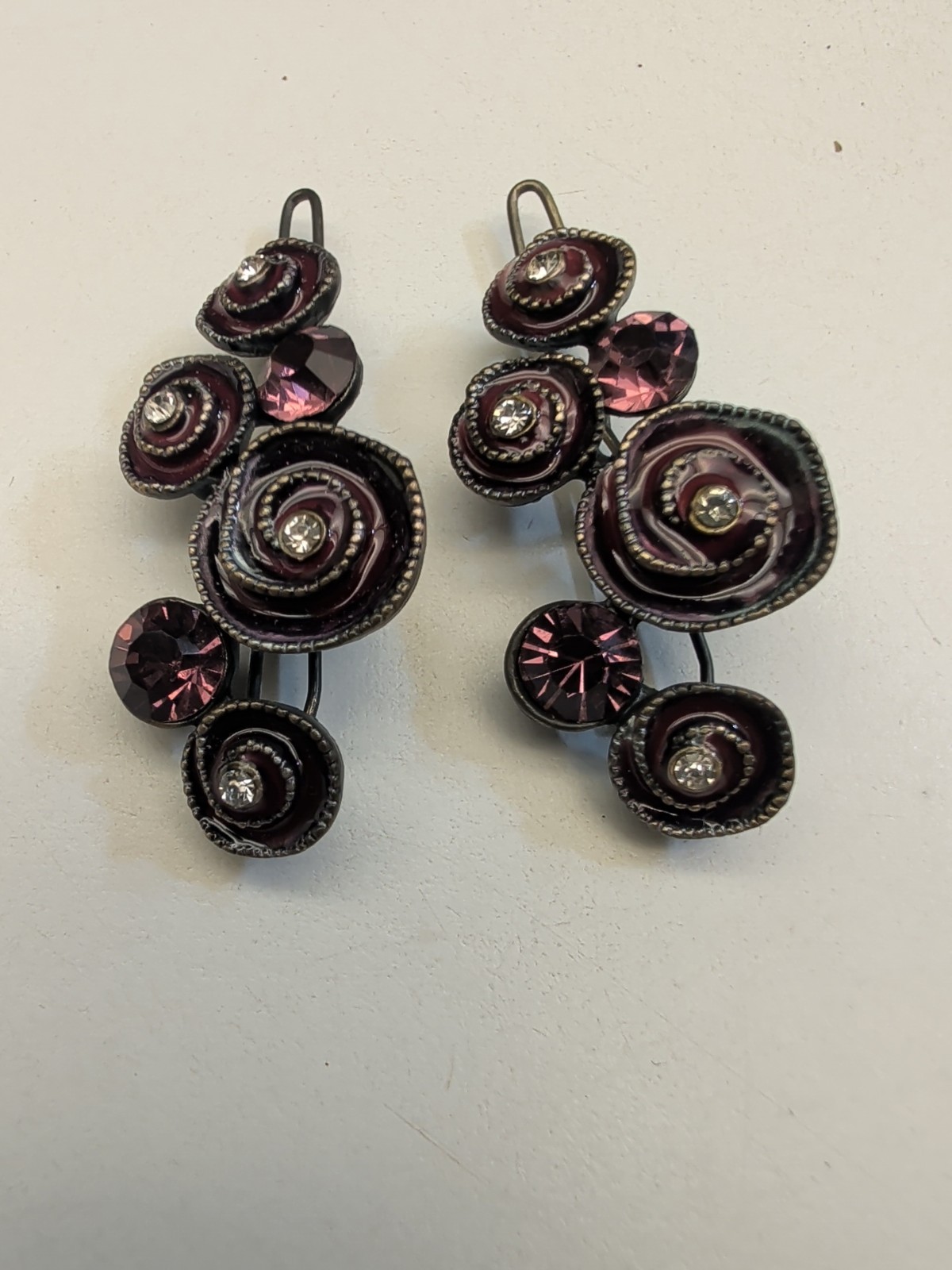 Vtg Style Floral Bobby Pins Hair Slides Black Gunmetal Purple Rhinestone Rose