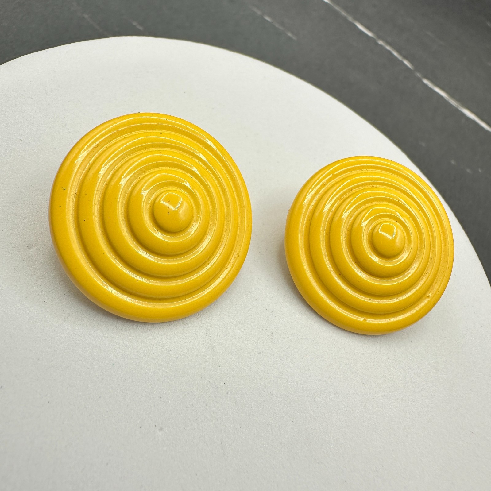 Vintage Yellow Aluminium Coated Concentric Swirl Spiral Post Dangle Earrings