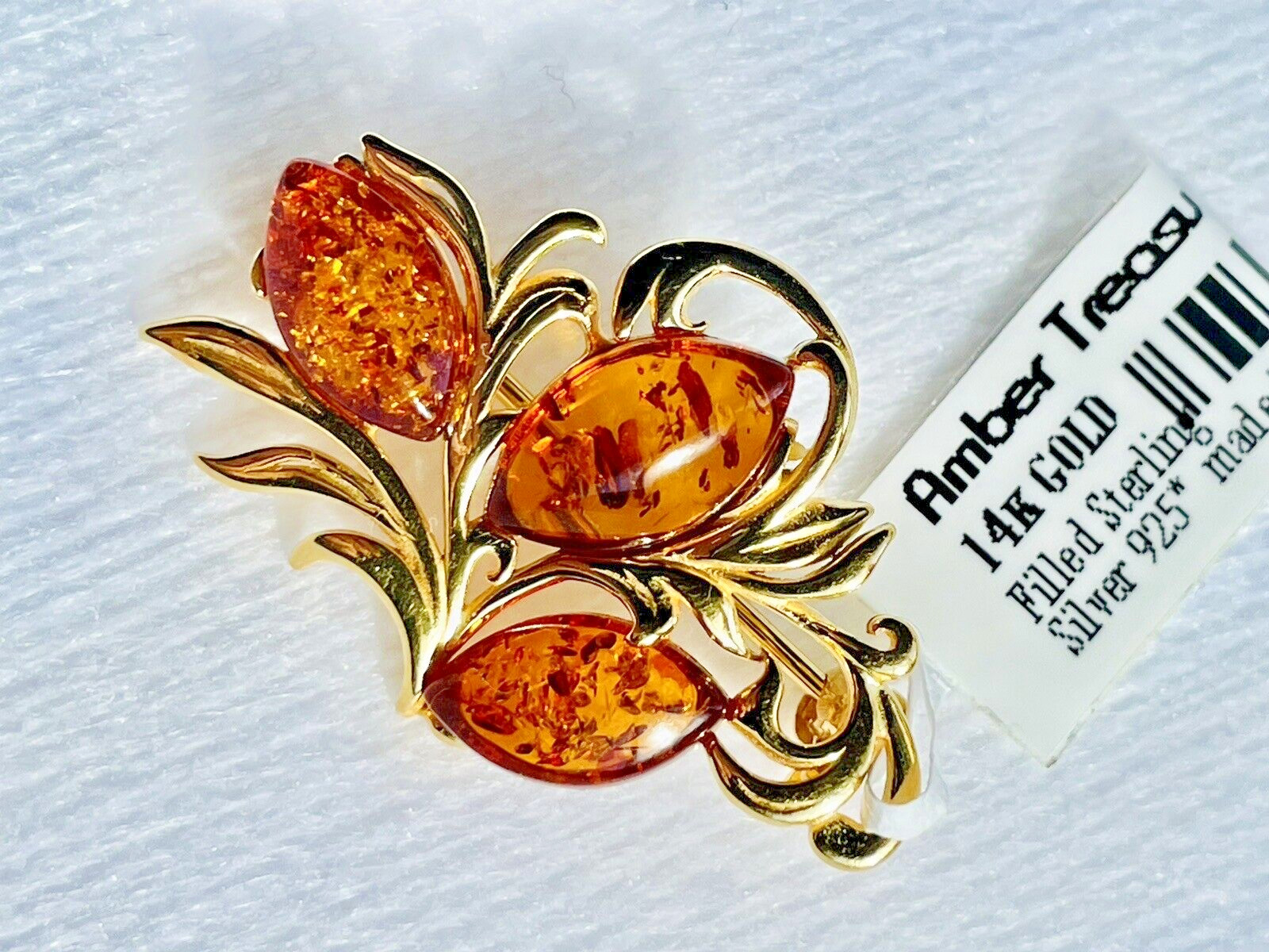Genuine 14K Gold Filled Gilded Baltic Honey Cognac Amber Color Pin Brooch 925*