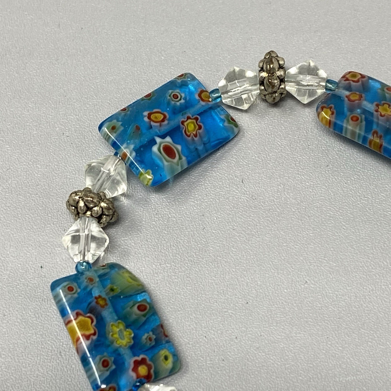Millefiori Glass Bead Bracelet Blue Multicolor Flowers Clear Bicone Crystals 7.5