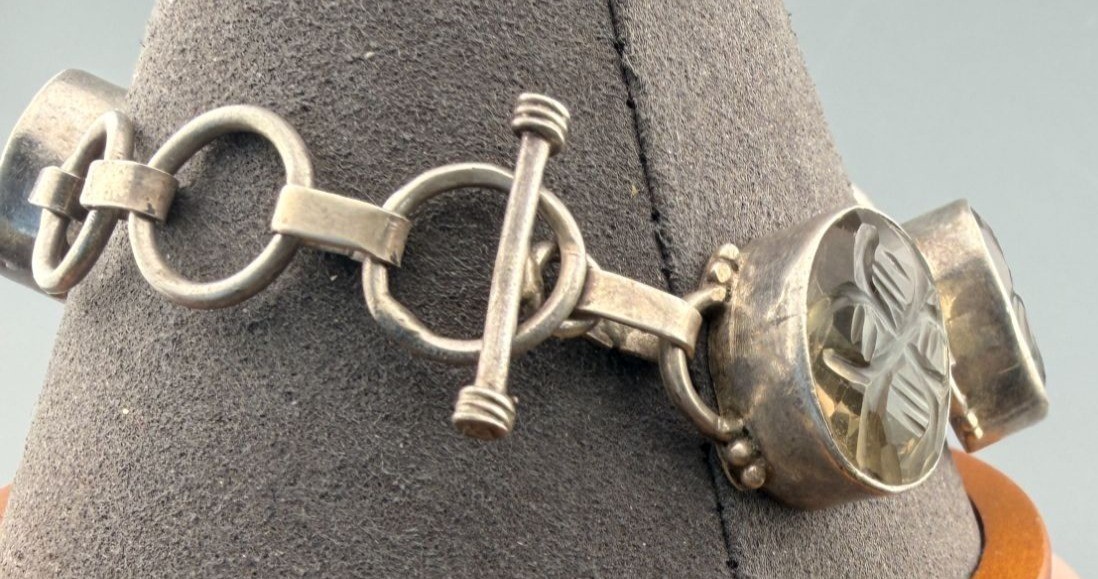 Vintage Bracelet Carved Rock Quartz Sterling Silver Link Crystal Smoky Quartz