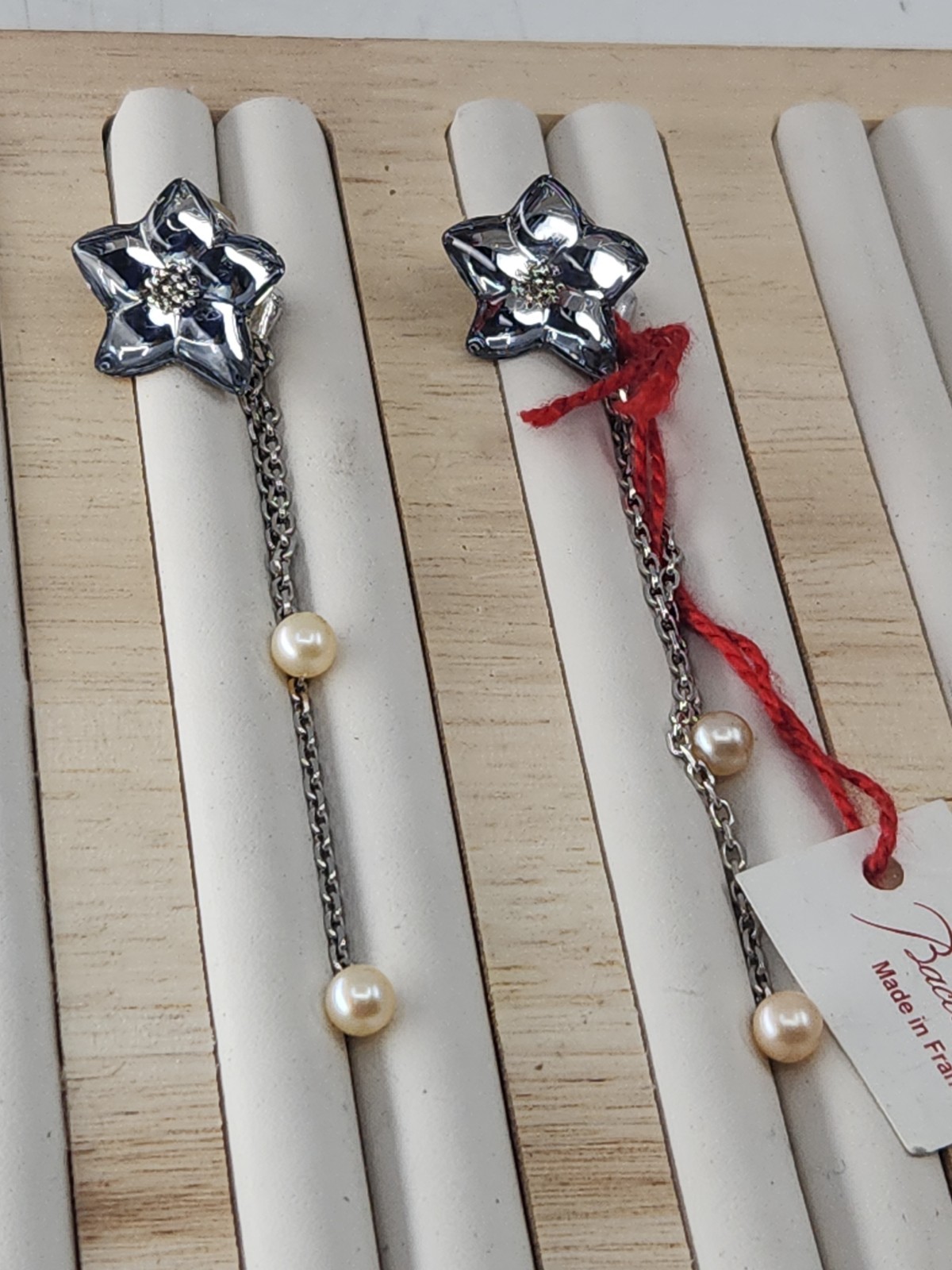 Authentic Baccarat France Crystal Flower Pearl Chain Dangle Clip Earrings 925