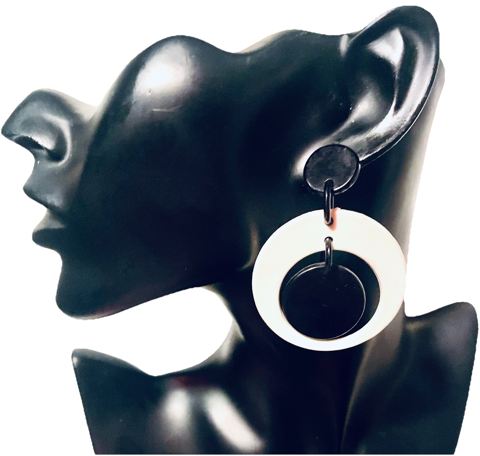 80s Does 60s VINTAGE Black White Hoop Earrings MCM Plastic NOS Taiwan ROC HOOPS