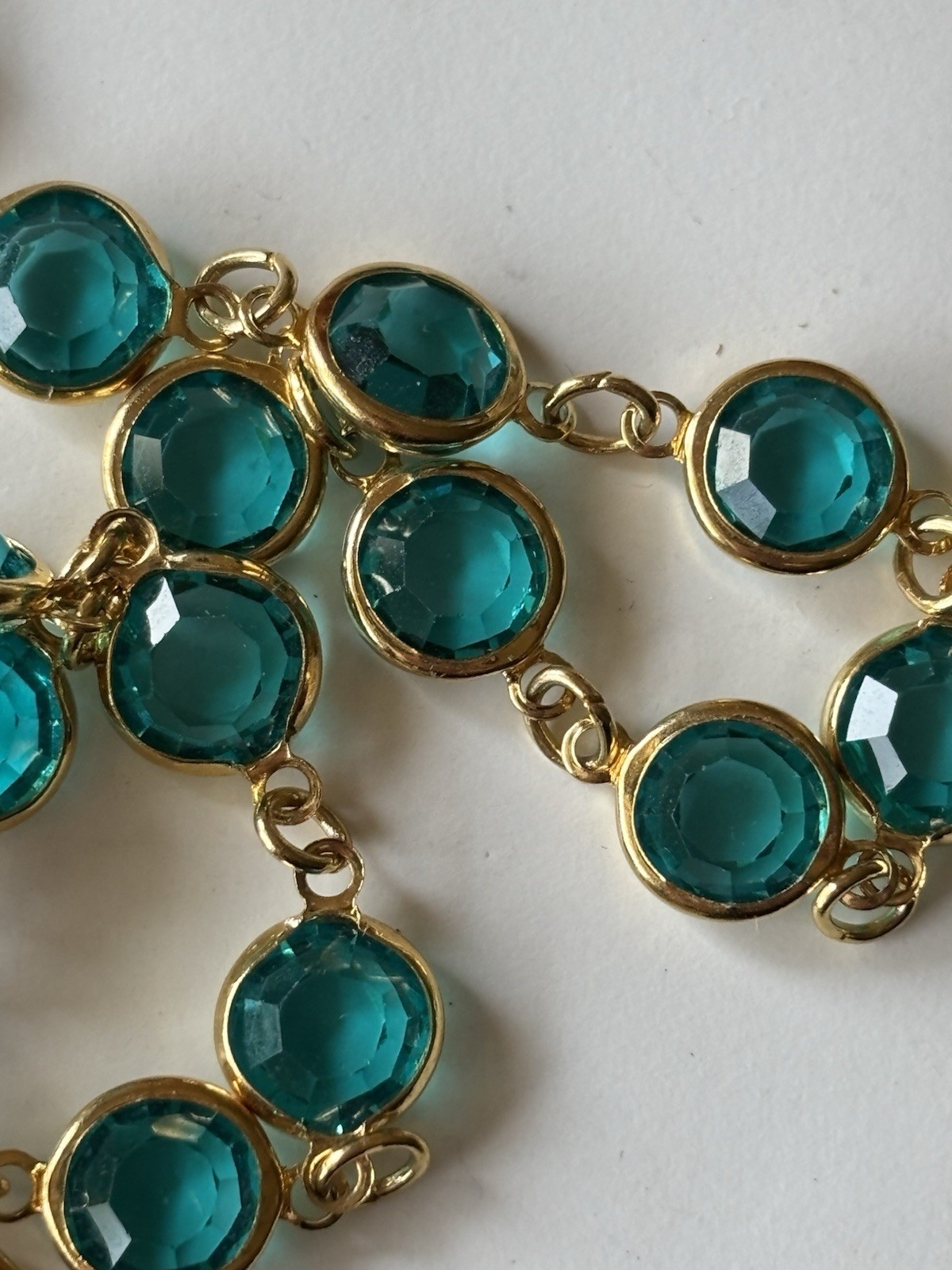 Austrian Crystals Necklace Aqua Blue Round Faceted Bezel Set Gold Tone 34 in USA