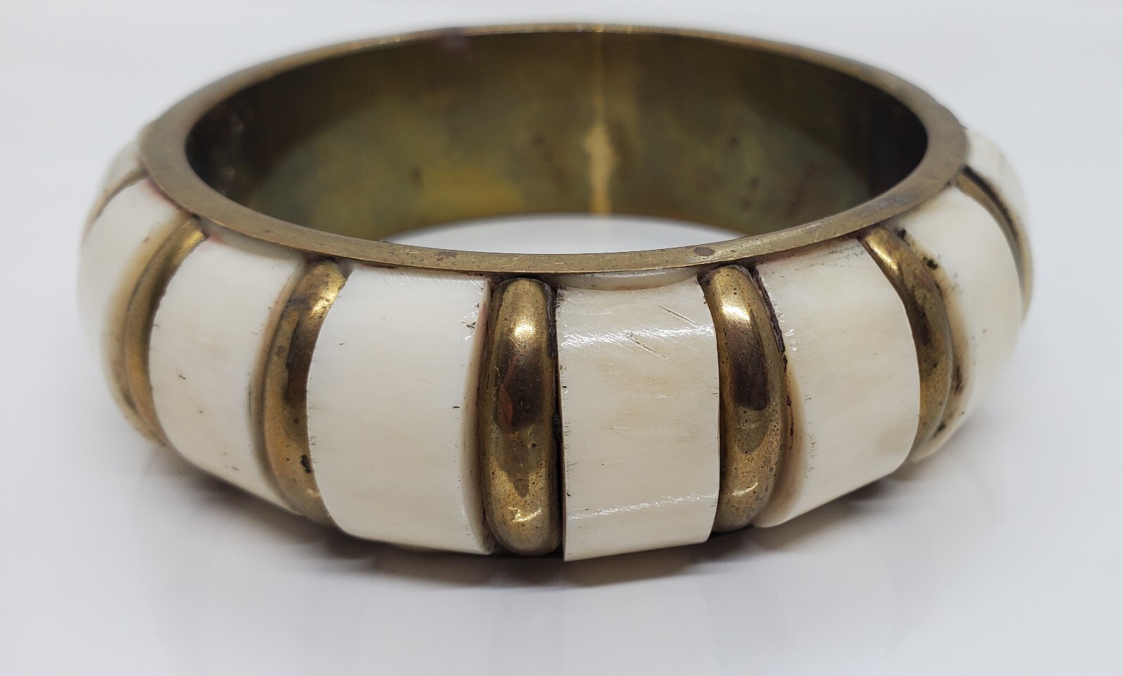 Vintage Wood Metal Bangle Bracelet White Brown Gold Lot of Two