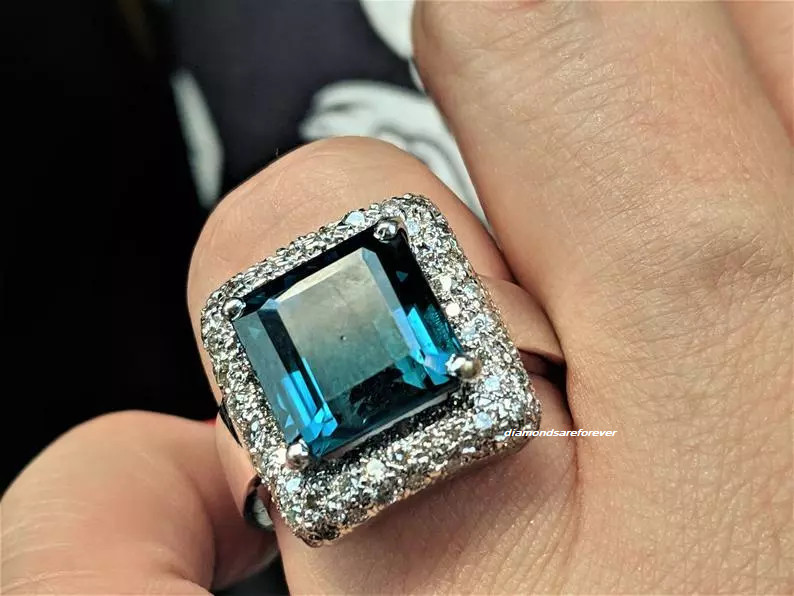 Huge 7.98CT Asscher Cut Teal Peacock Blue Spinel & White CZ 925 SS Wedding Ring
