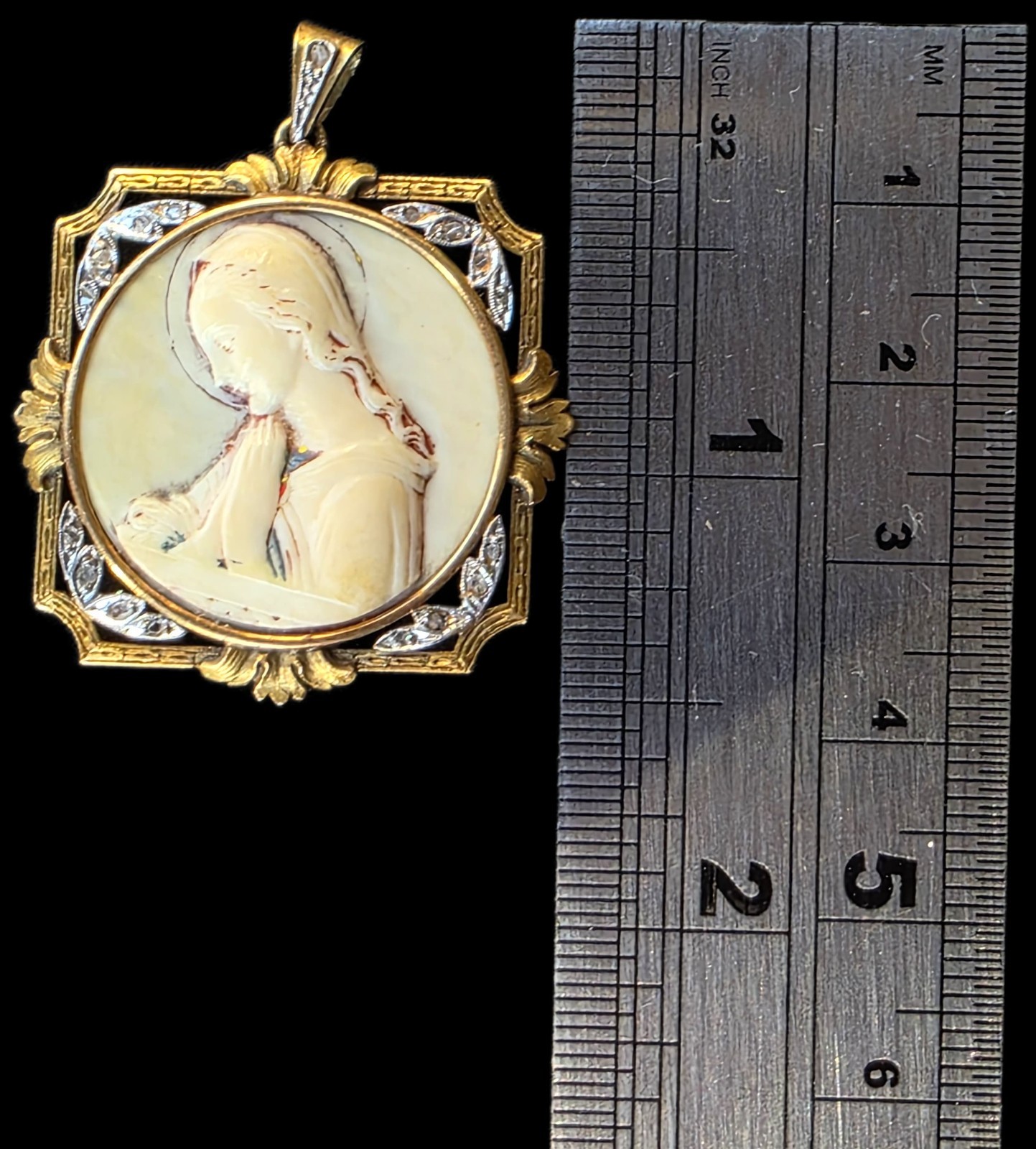 Antique Virgin Mary Medal Pendant 18k Gold Rose Cut Diamonds Catholic Art Deco