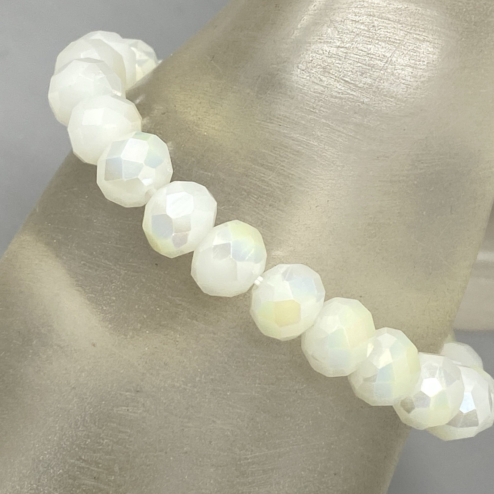 Ivory Glass Beaded Bracelet Fire Polished Faceted Stretch Elastic Classic 6″