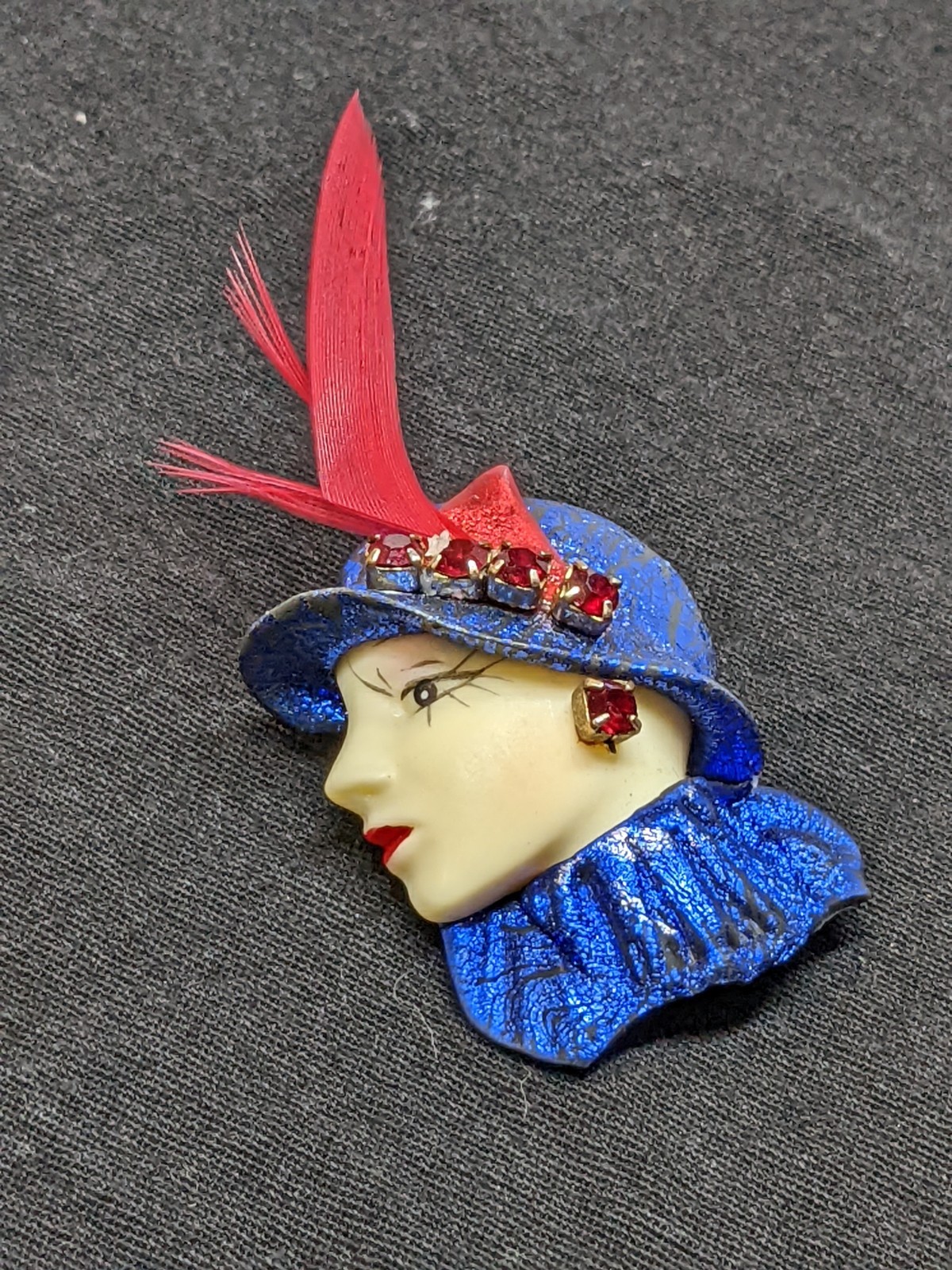 Vintage Lady Head Brooch Blue Glitter Hat Red Rhinestones Feather Pin Retro