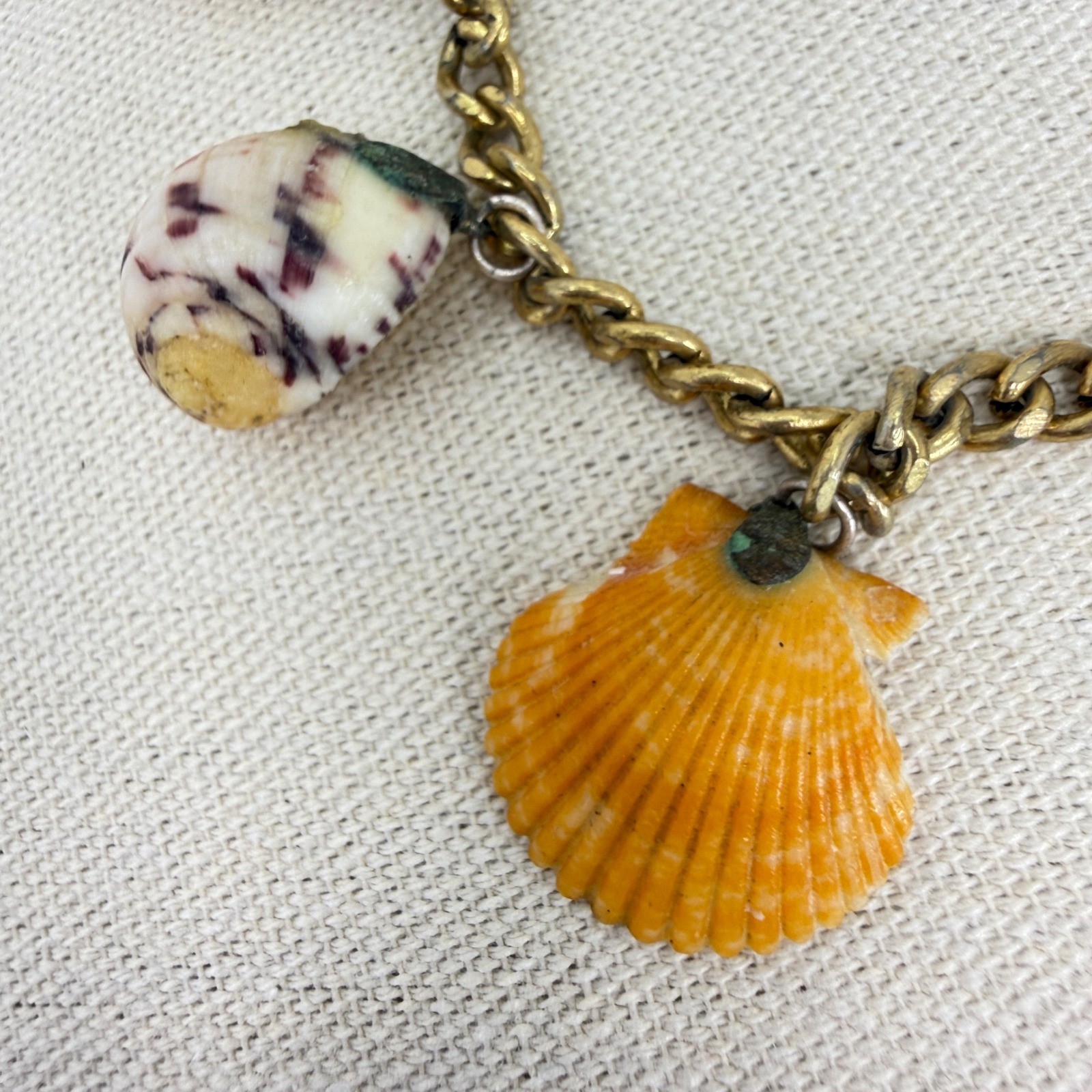 Sea Shell Charm Bracelet Vintage Natural Gold Tone Curb Chain Boho Coastal