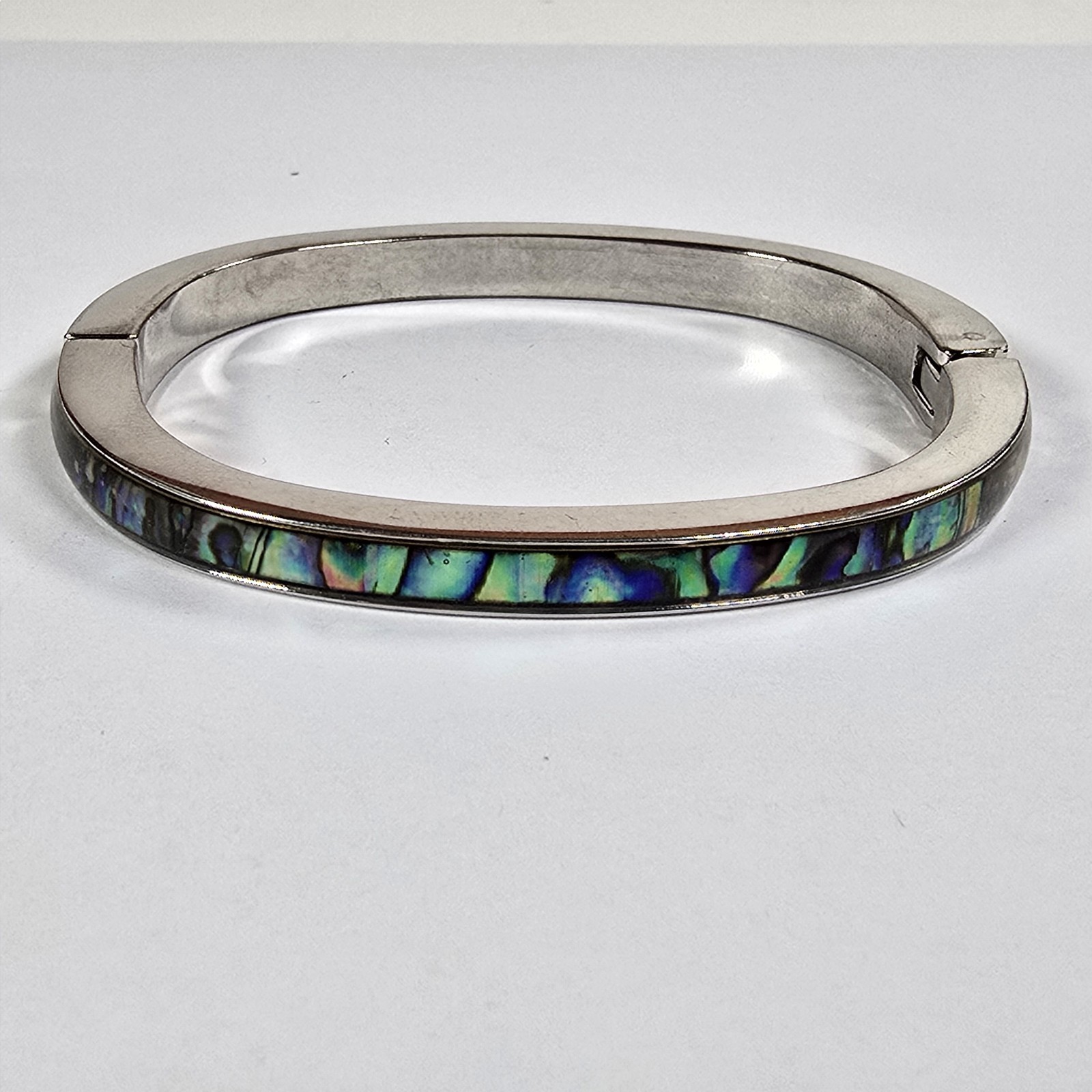 Silver Tone Abalone Shell Inlay Hinged Bangle Bracelet Oval Paua Style