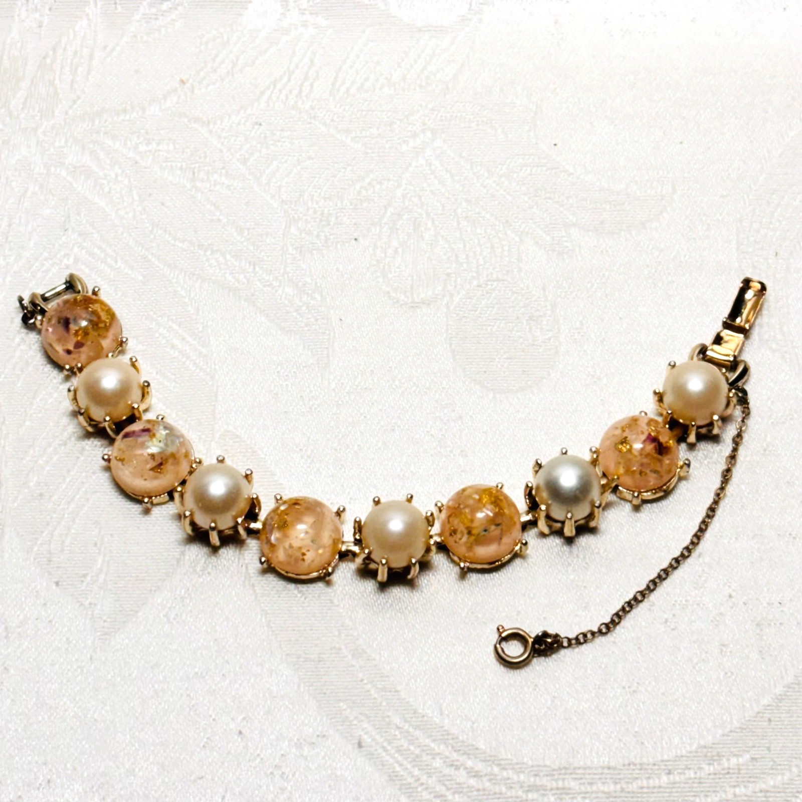 CORO pink confetti Lucite cabochon faux pearl bracelet fold over clasp vintage